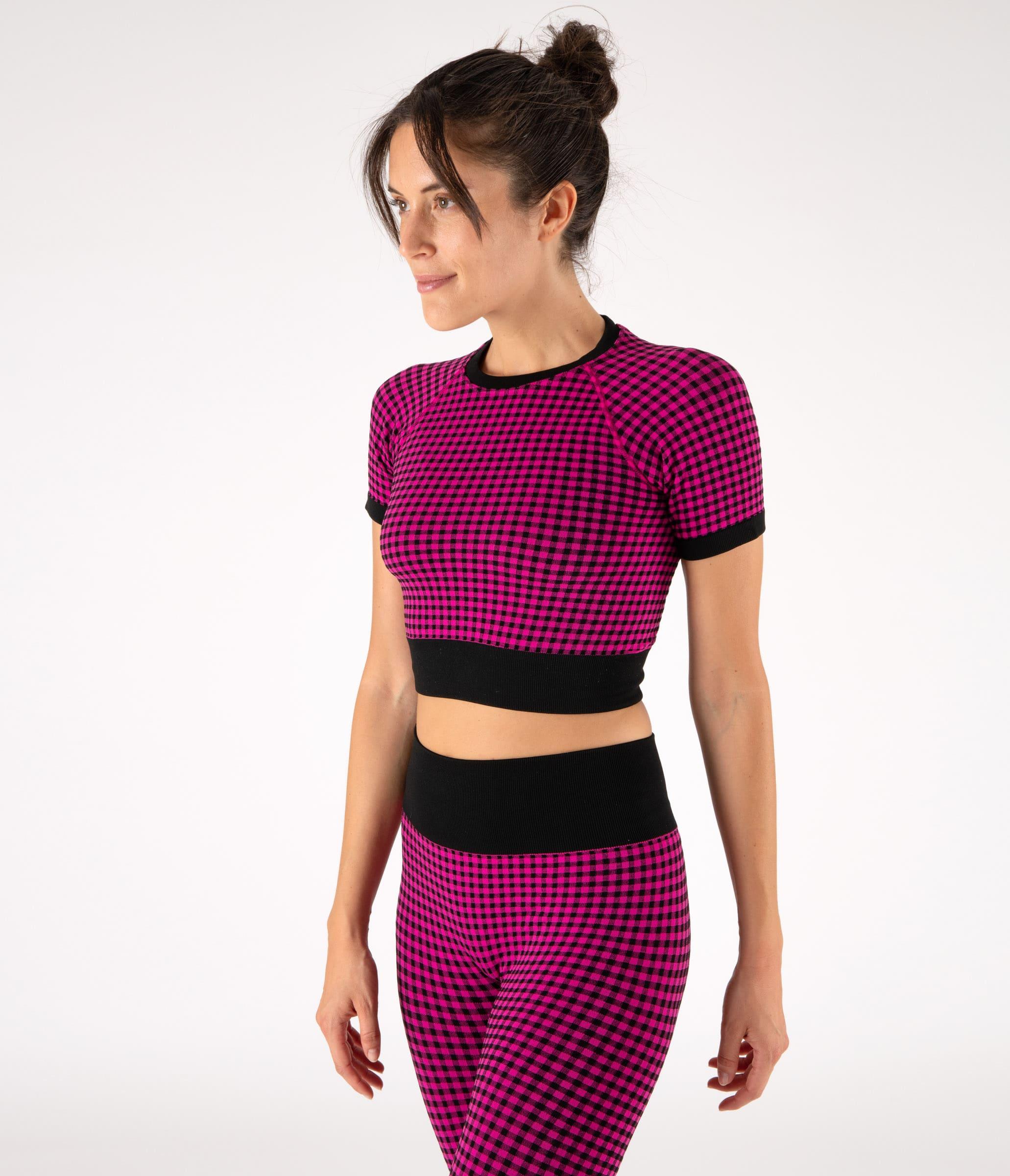 CROP TOP SPORTIVO GEORGIE – CHECK – BLACK AND FUCHSIA