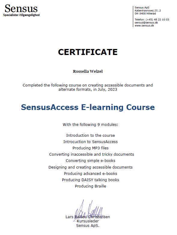 Certificate of completion to Rossella Welzel for SensusAccess Elearning Course, 9 modules