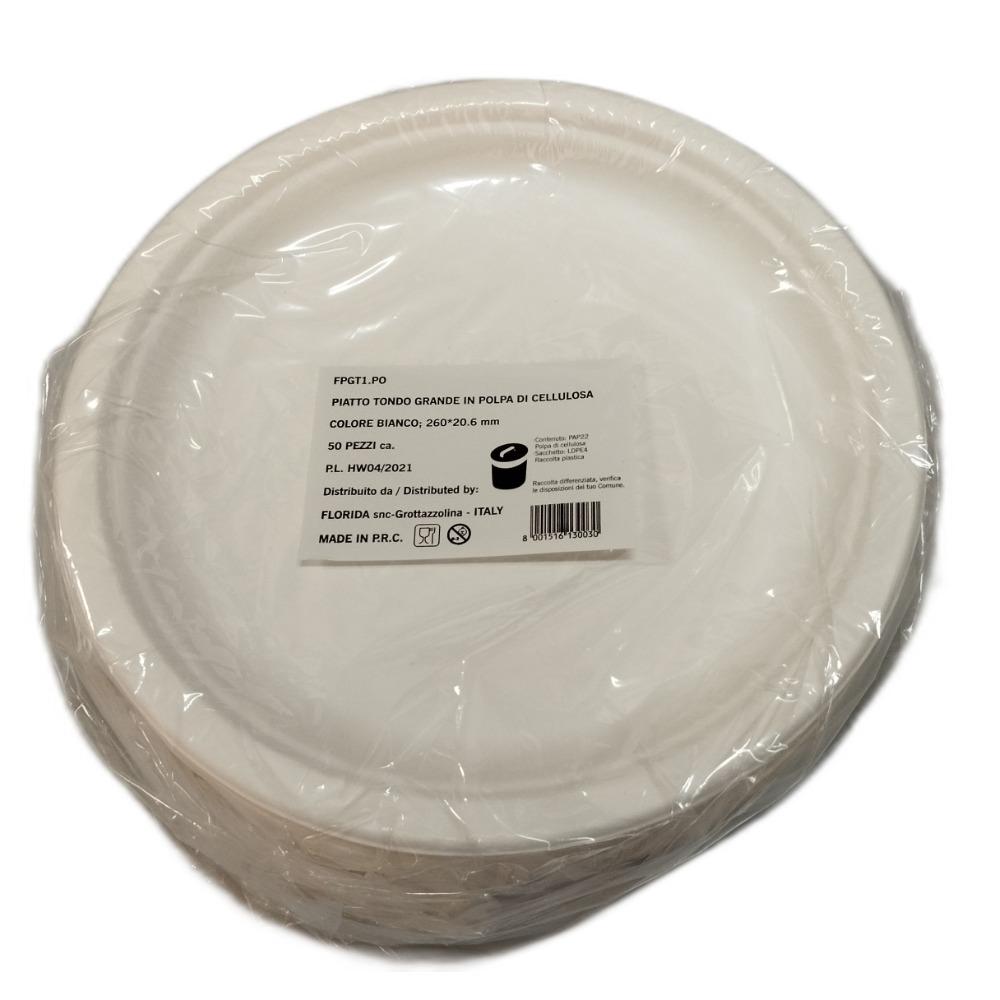 Piatto Tondo Grande in Polpa di Cellulosa colore Bianco 260x260 mm 50 Pezzi ca. Florida