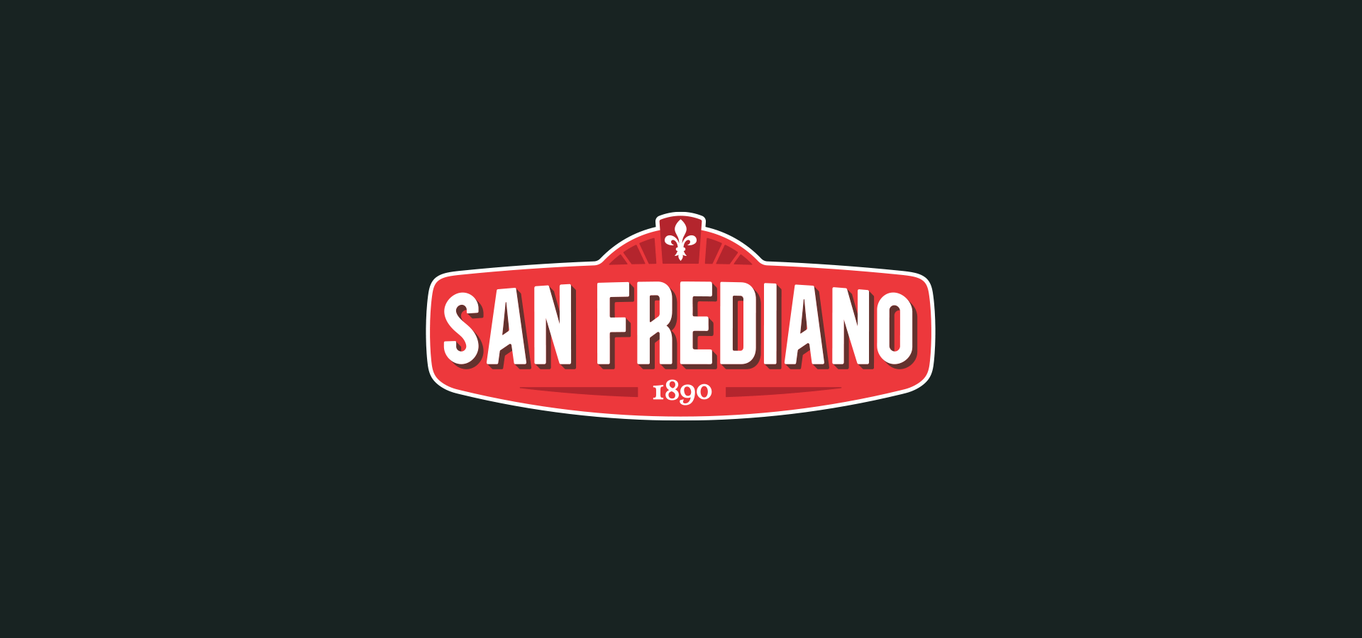 Logo San Frediano 1890 rosso e bianco a forma di scudo con un giglio stilizzato su sfondo nero