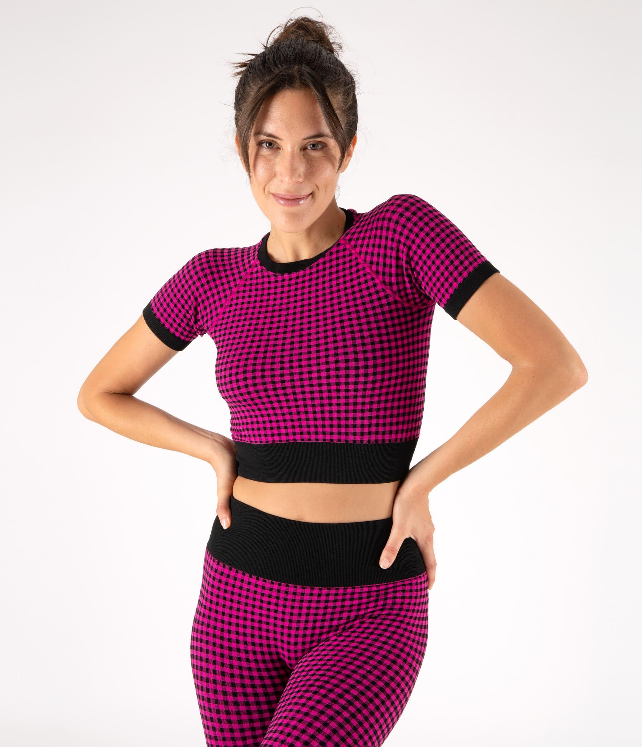 CROP TOP SPORTIVO GEORGIE – CHECK – BLACK AND FUCHSIA