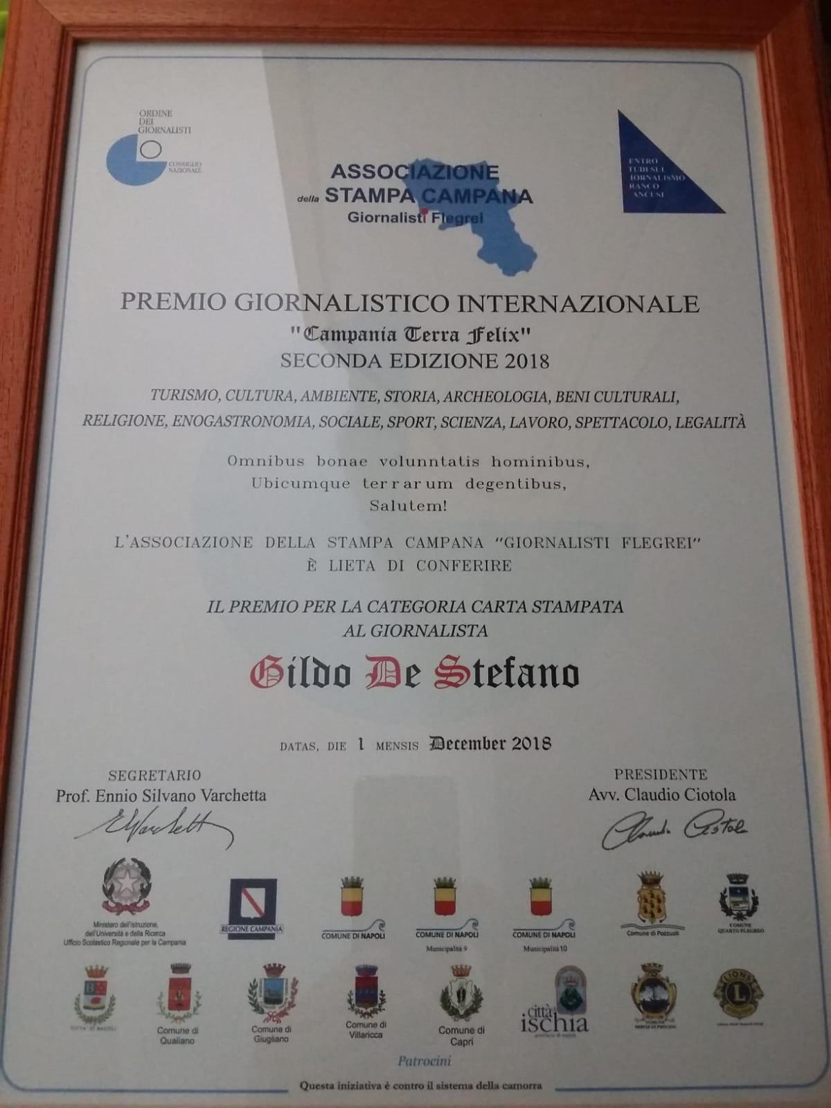 Pergamena ricevuta del Premio Internazionale 'Campania Felix'