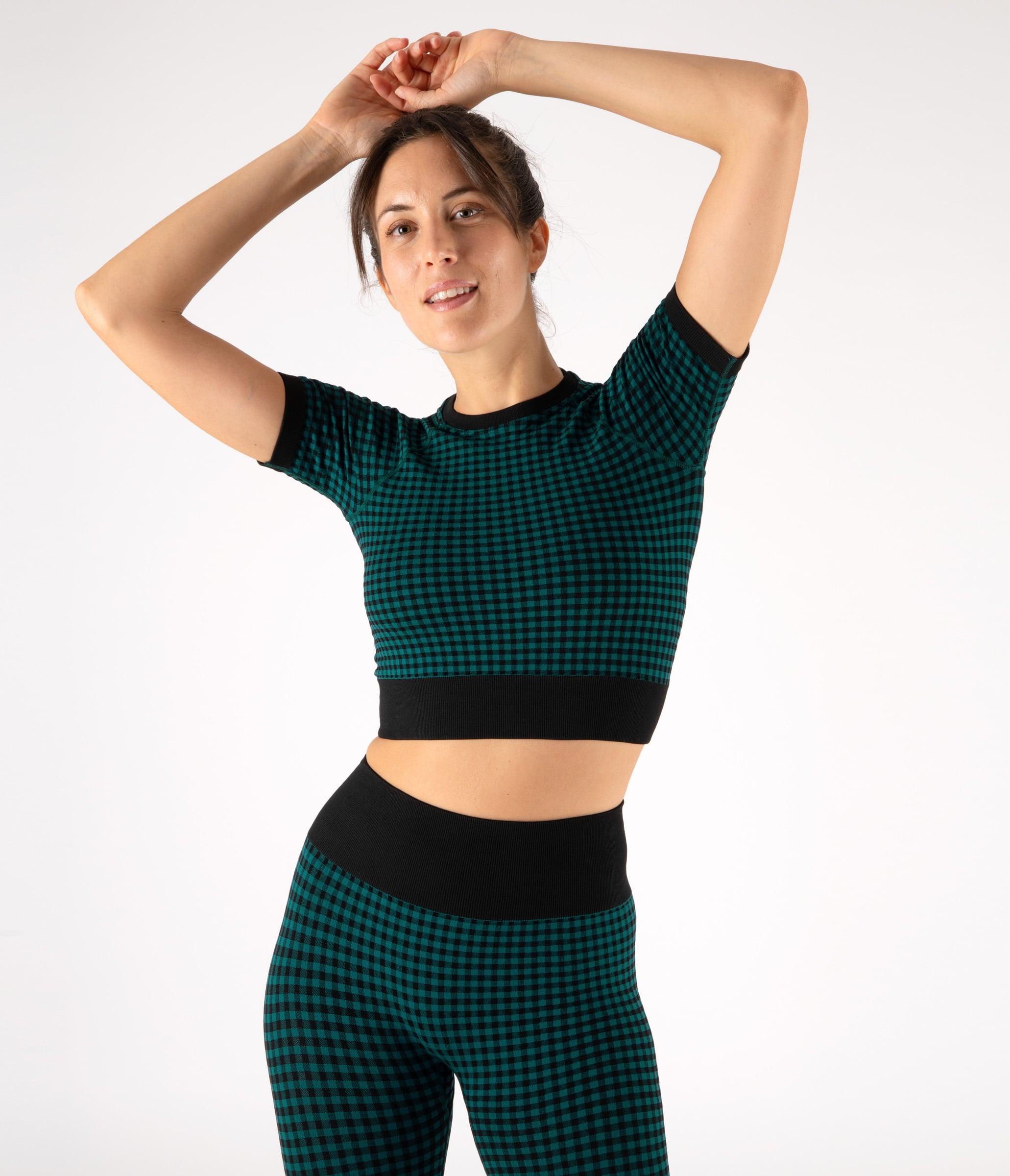 CROP TOP SPORTIVO GEORGIE – CHECK – BLACK AND TEAL