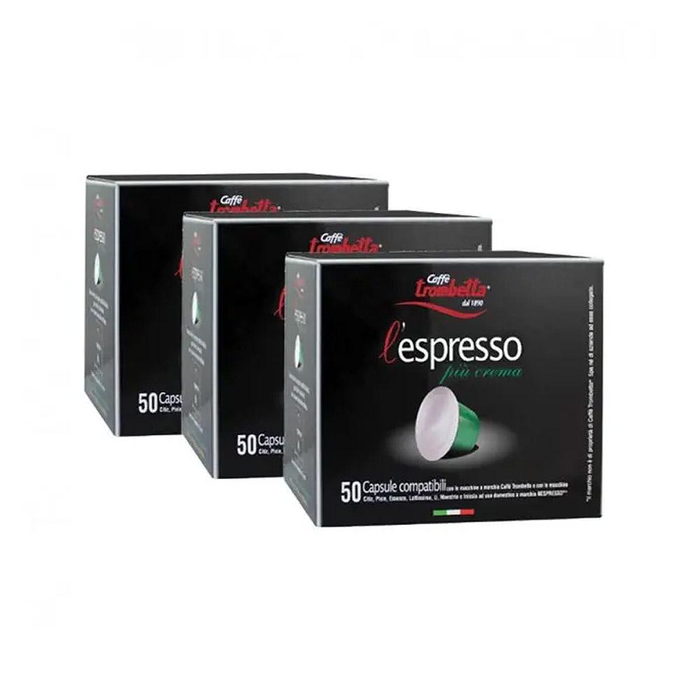 Trombetta 150 Capsule Caffè L’espresso Piu’ Crema Compatibili Nespresso® – 3 Box da 50 Capsule