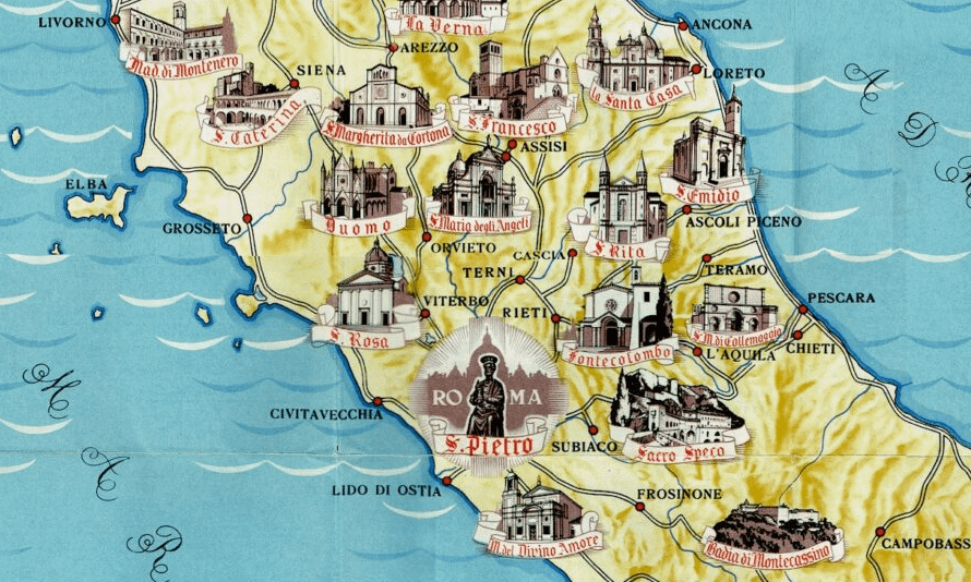 Mappa principali santuari (estratto), pubblicata dall’Ente Nazionale del Turismo nel 1937