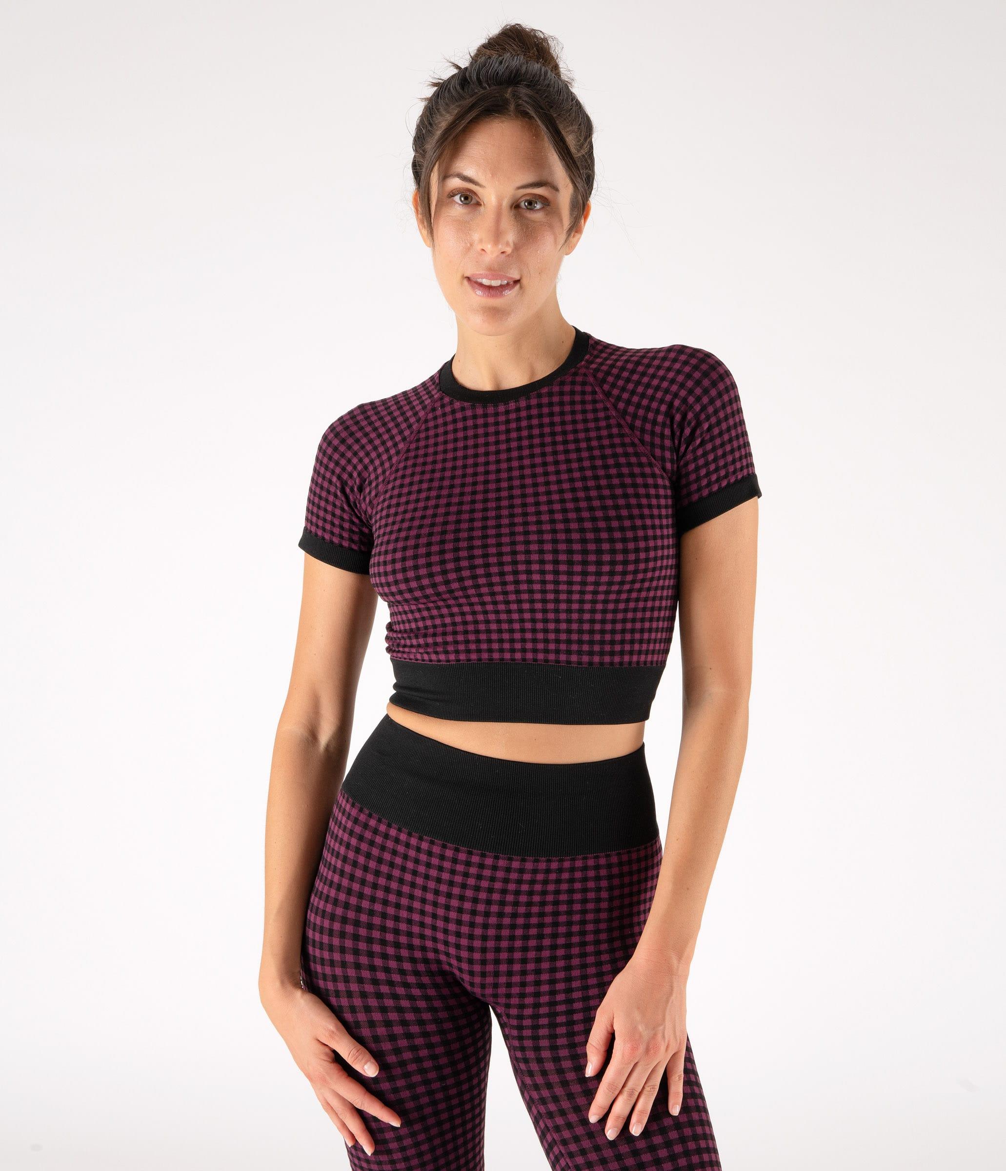 CROP TOP SPORTIVO GEORGIE – CHECK – BLACK AND PLUM