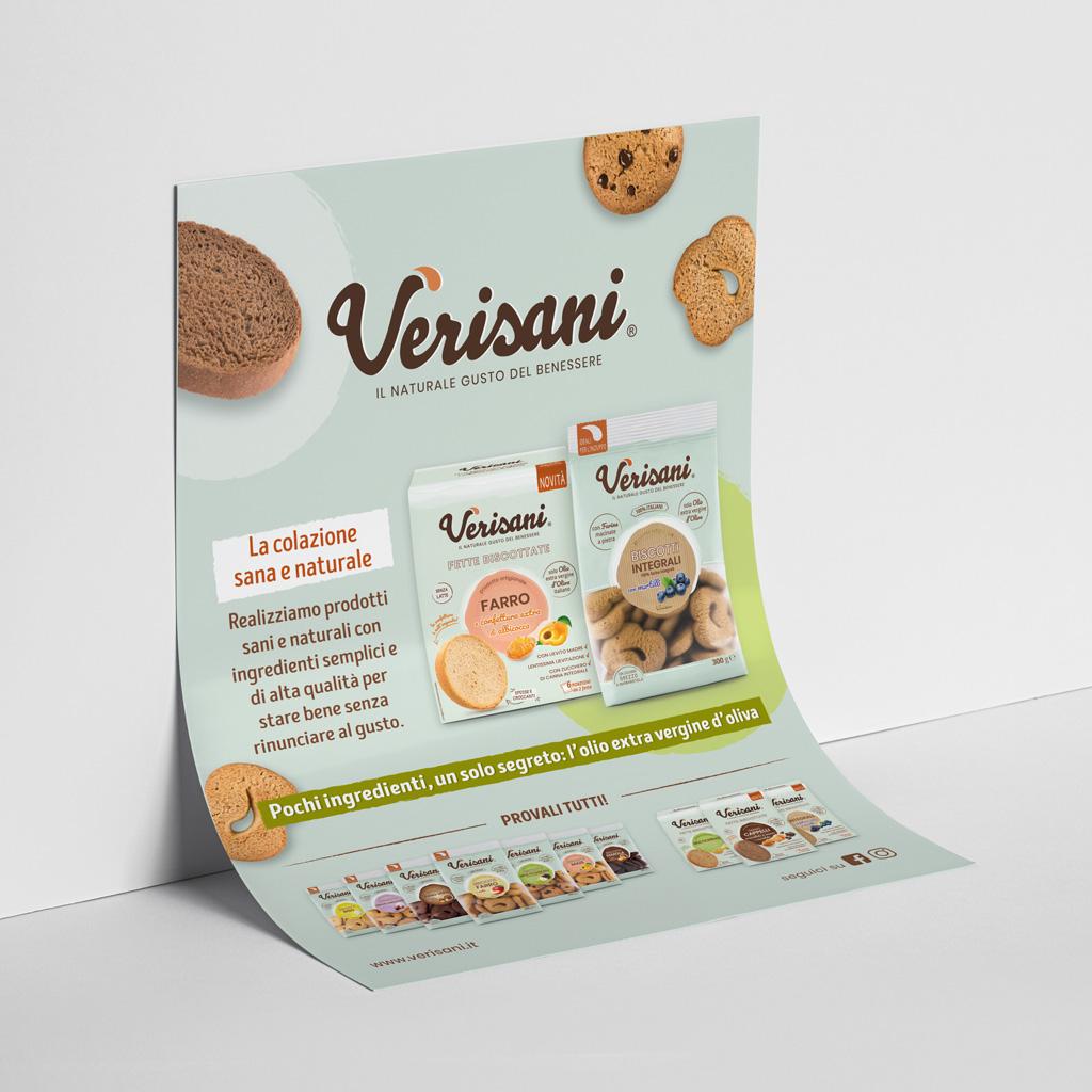 Flayer promozionale con logo Verisani, testi e immagini di confezioni di biscotti e fette biscottate