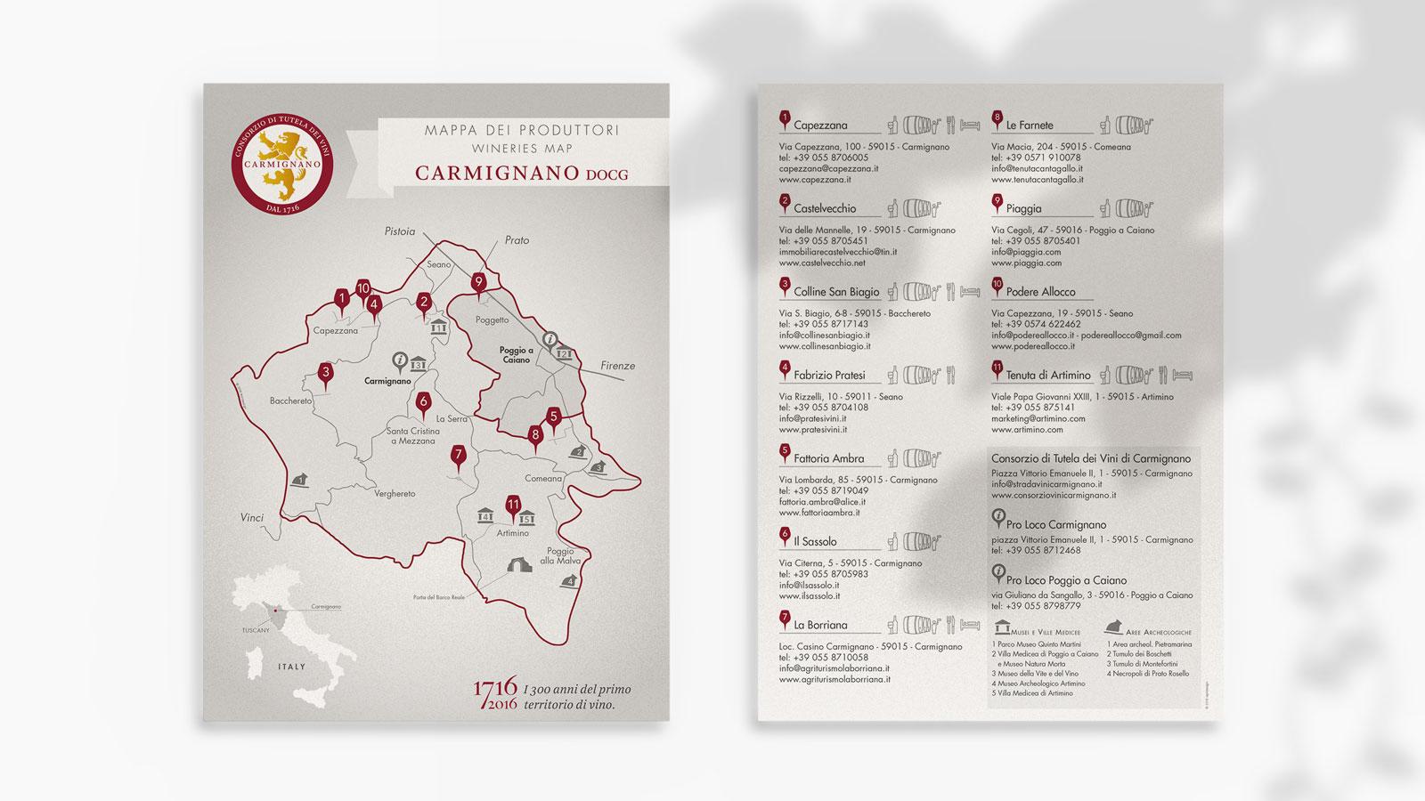 Mappa del territorio di Carmignano con legenda dei produttori vinicoli
