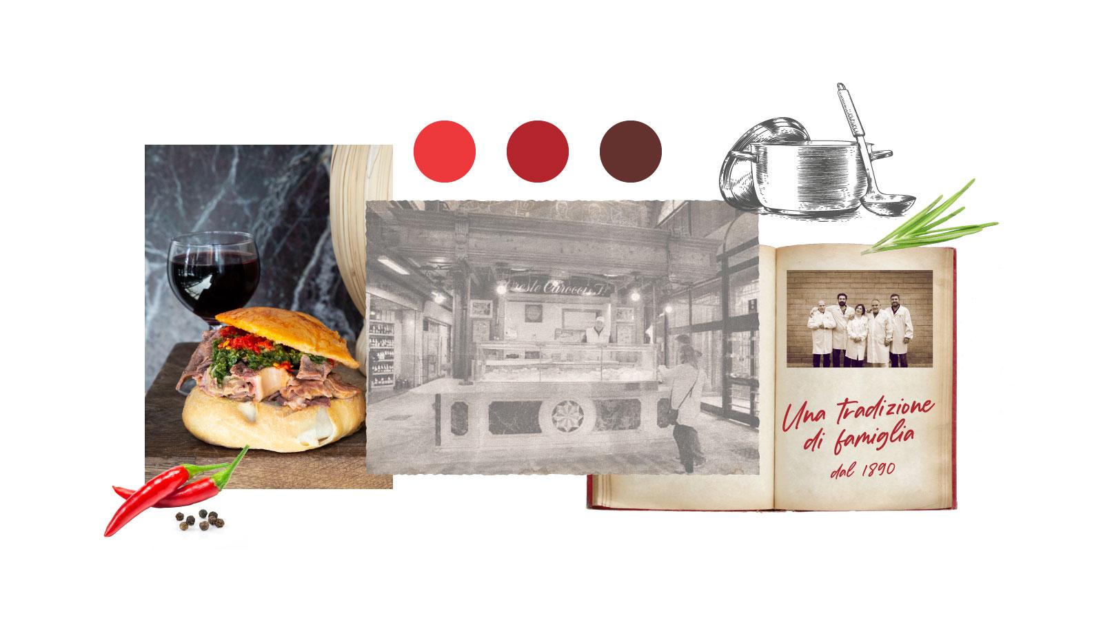 Collage di immagini con un libro antico, una foto di famiglia, cibo, vino, icone e palette colori del logo San Frediano 1890