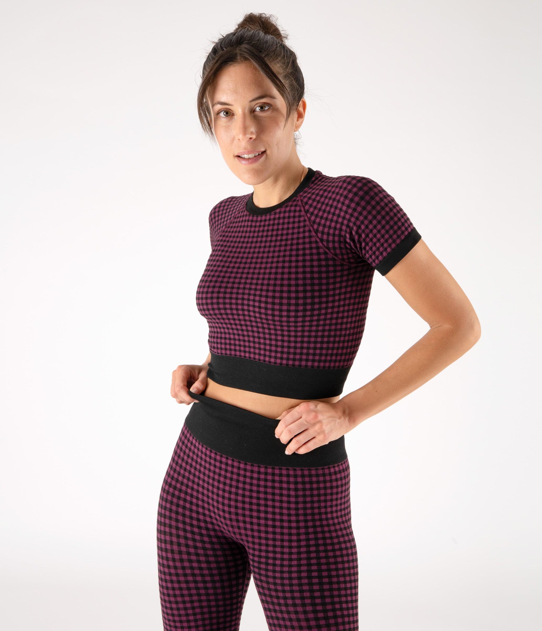 CROP TOP SPORTIVO GEORGIE – CHECK – BLACK AND PLUM