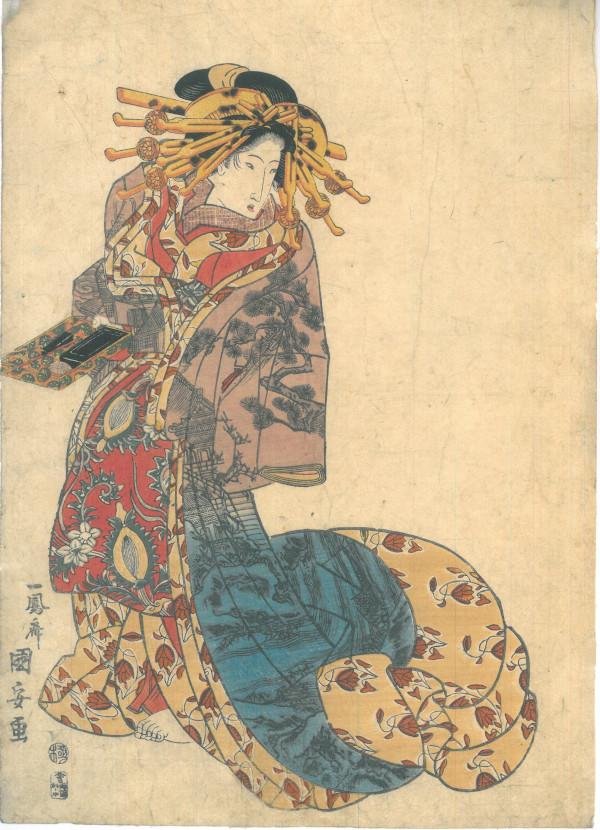 KUNIYASU (Giappone 1794 - 1932) GEISHA CHE TIENE IN MANO UNA SCATOLA PER LA SCRITTURA  (1820 circa)