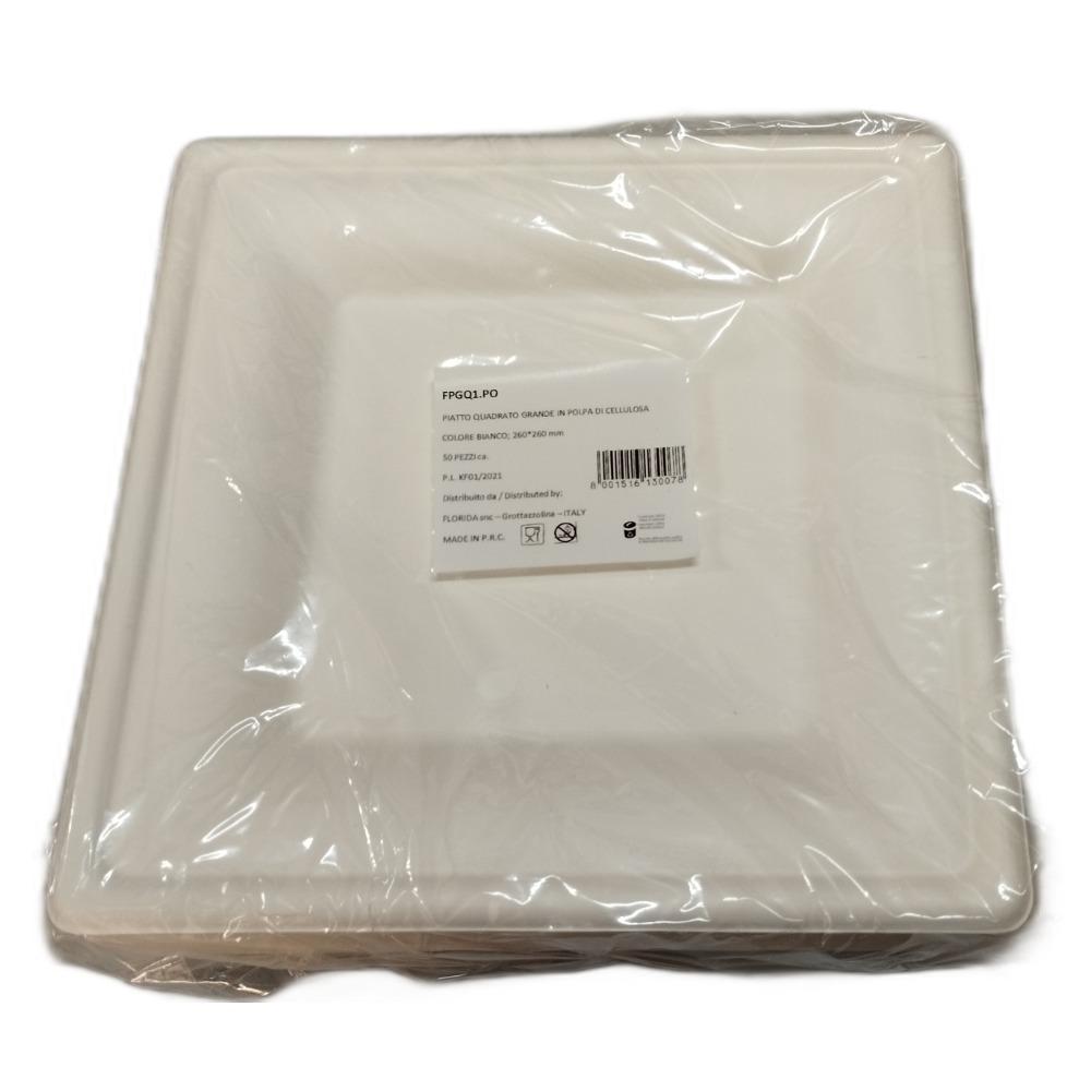 Piatto Quadrato Grande in Polpa di Cellulosa colore Bianco 260x260 mm 50 Pezzi ca. Florida