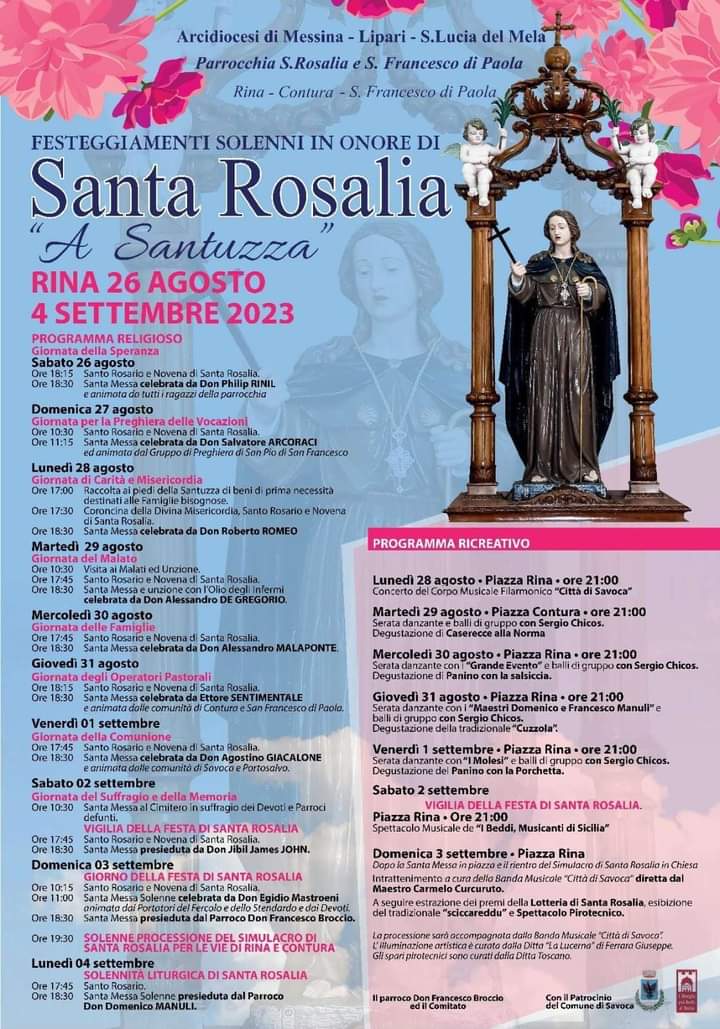 Dal 26 agosto al 4 settembre 2023 Festa di Santa Rosalia a Rina (Savoca)