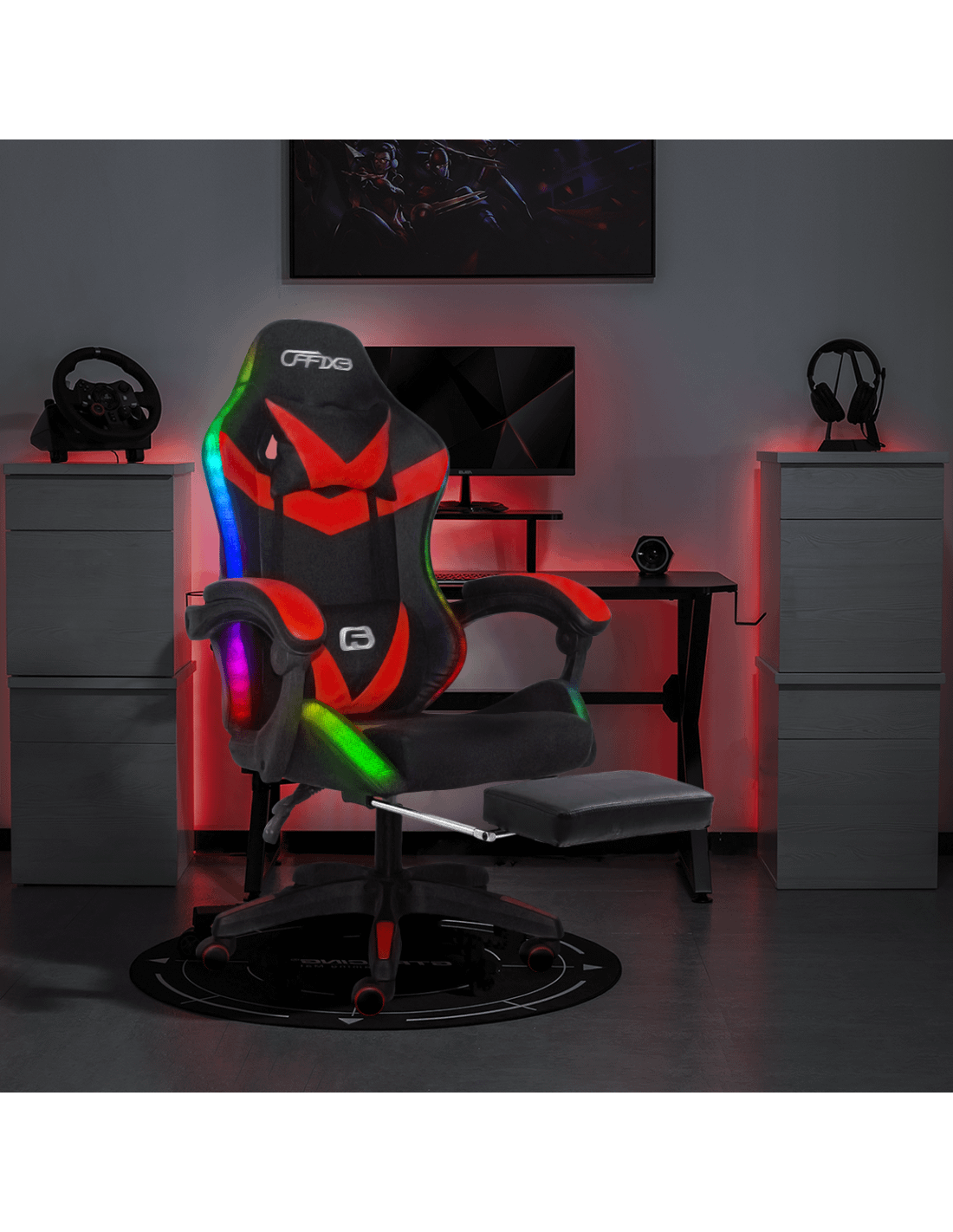 Poltrona Gaming con LED RGB in Ecopelle NERA ROSSA