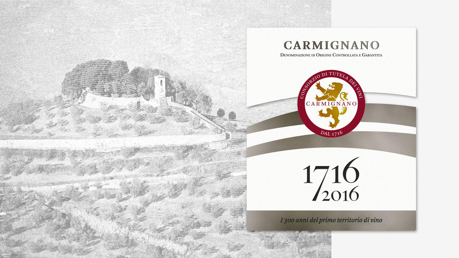 Etichetta celebrativa dei 300 anni del Carmignano Docg bianca con fasce argento e logo centrale