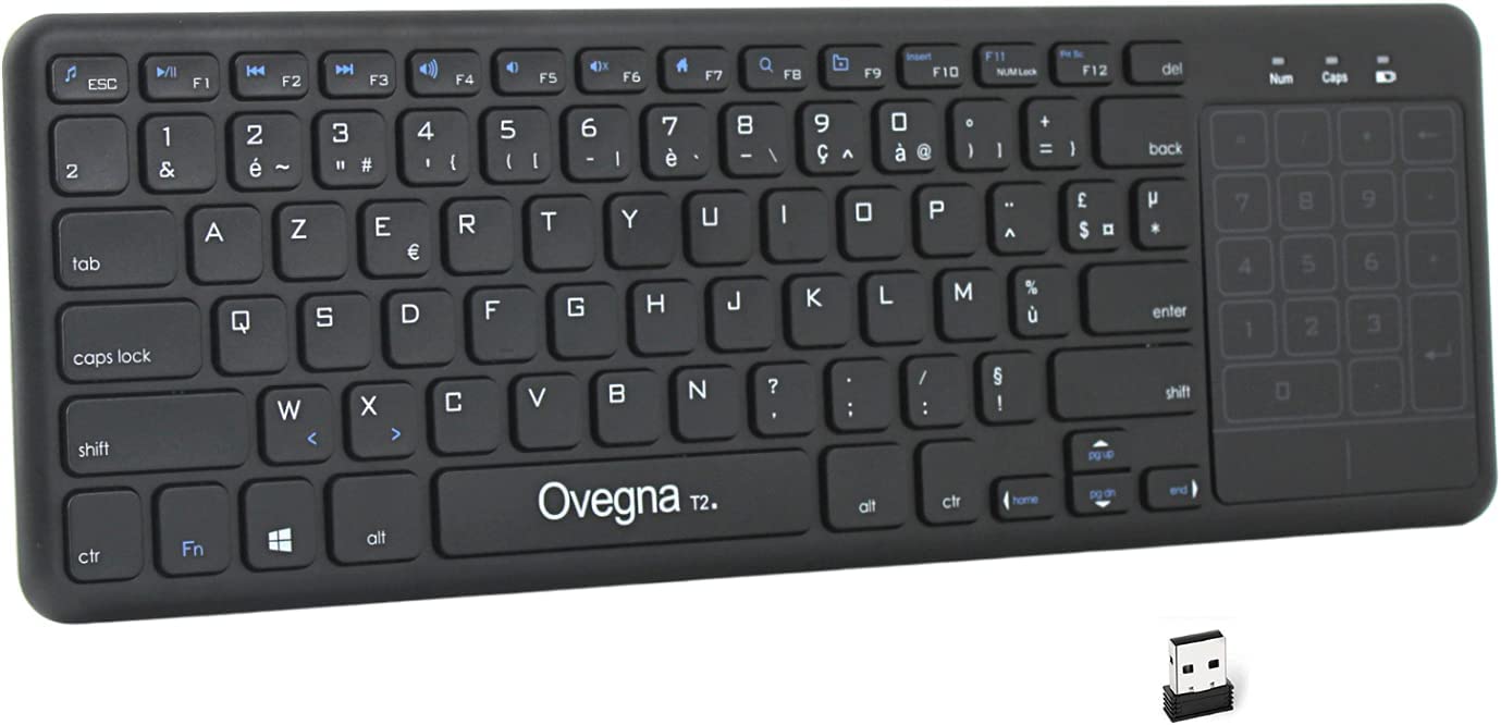 Ovegna T2: Tastiera wireless Touchpad da 2,4 GHz (AZERTY), Slim, Touchpad e tastierino numerico