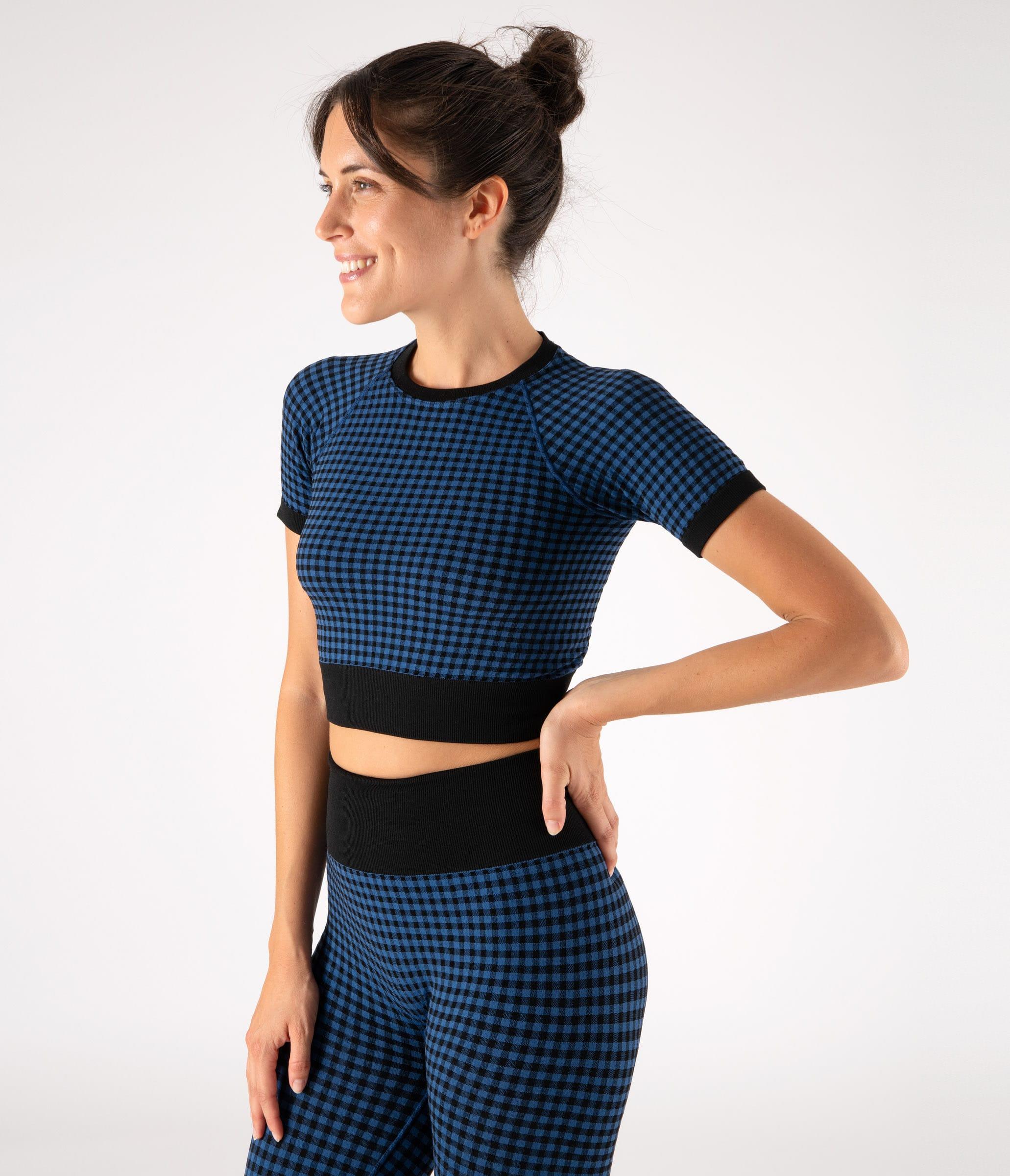 CROP TOP SPORTIVO GEORGIE – CHECK – BLACK AND COBALT