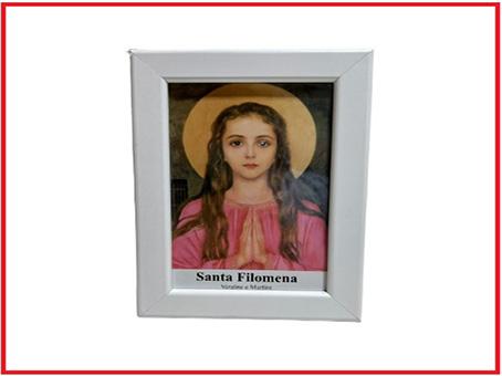 White wooden frame with blessed image of St. Philomena (measures 13 x 18)