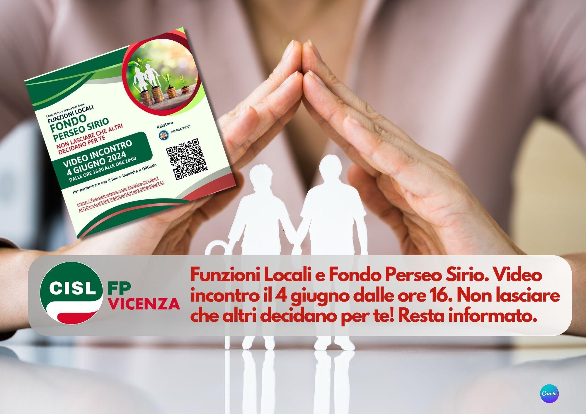 CISL FP Vicenza. Funzioni Locali e Fondo Perseo Sirio. Video incontro il 4 giugno dalle ore 16