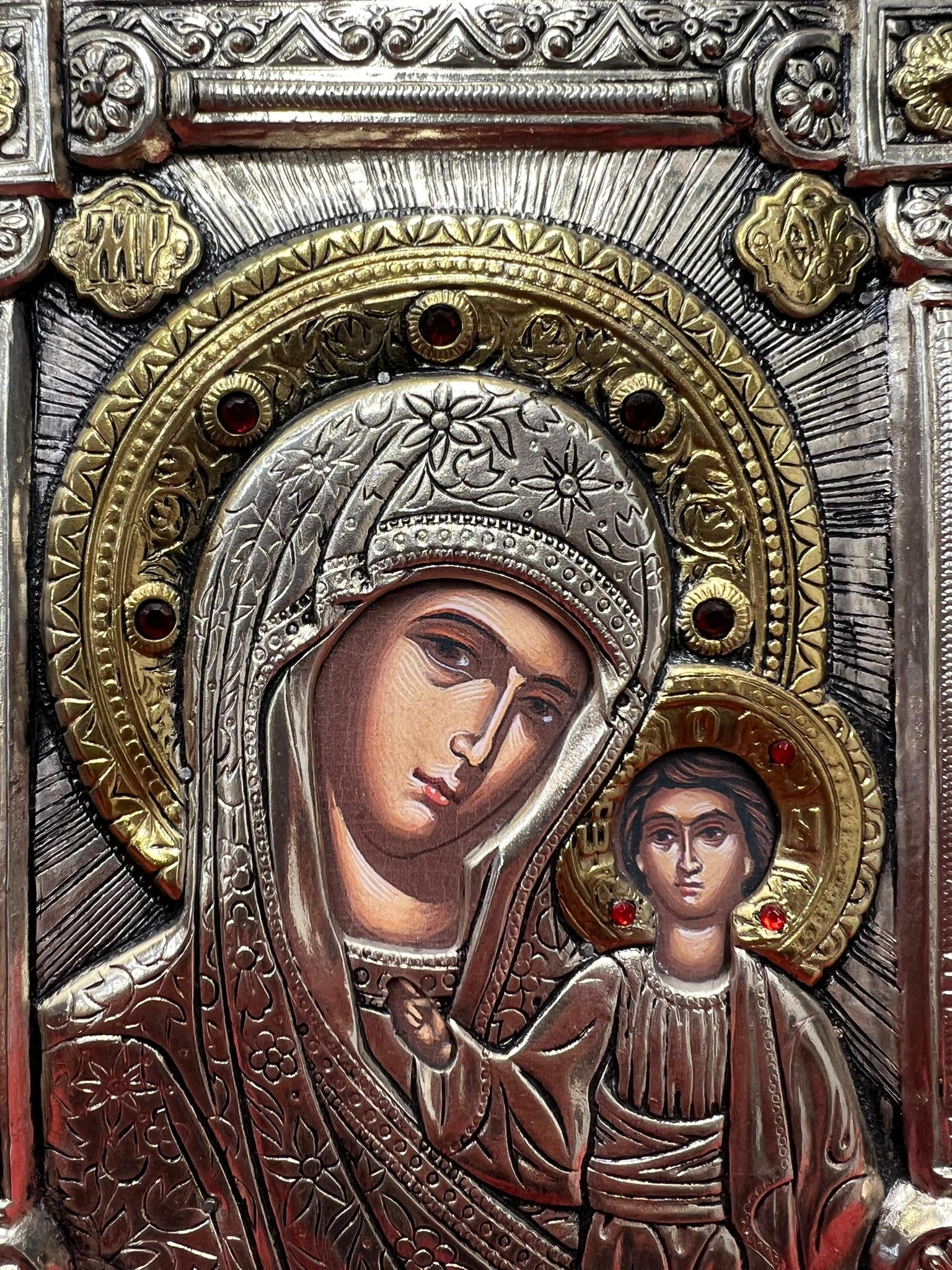 ICONA MADONNA DI KAZAN SU LAMINA ARGENTO-ORO