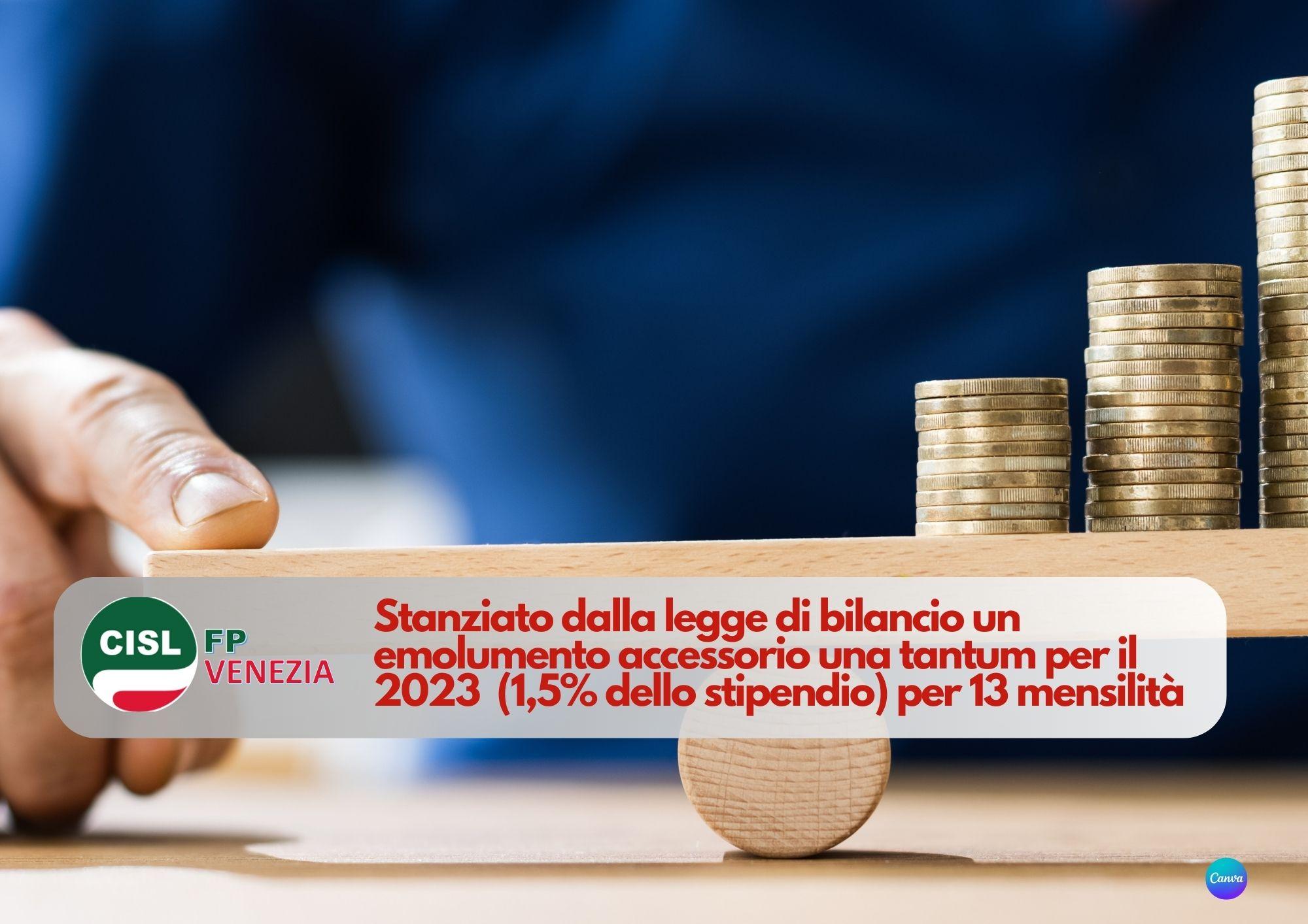 CISL FP Venezia. Pubblico impiego. Emolumento accessorio una tantum 2023 1,5% dello stipendio per 13 mensilità