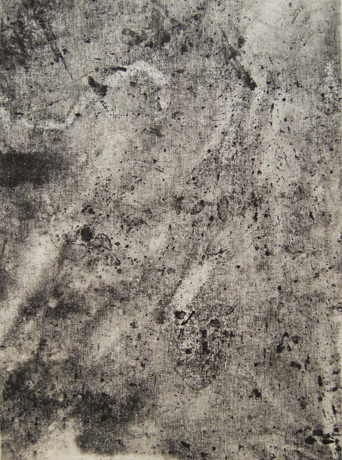 Imprint moulds created with the falling rain, carbon and ivory black pigments on cotton fabric