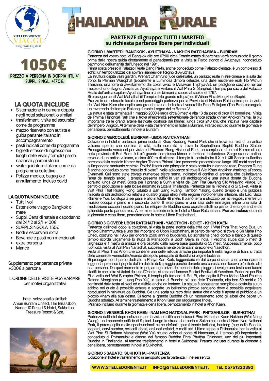 THAILANDIA RURALE - ISAAN partenza garantita min. 2 - tutti i martedì  Lontano anni luce dagli itinerari turistici e dalle località più conosciute, l’Isaan, la regione nord-est della Thailandia, è l’area più rurale del paese: da quelle parti l’agricoltura è ancora alla base dell’economia e i ritmi sono dettati dai cicli delle coltivazioni. Se siete alla ricerca di una zona remota, in cui incontrare altri viaggiatori è raro, l’Isaan è ciò che fa per voi: sarà un viaggio all’insegna piccoli villaggi, scenografici campi di riso, grandi mercati e tradizioni radicate nel tempo. di stelledoriente