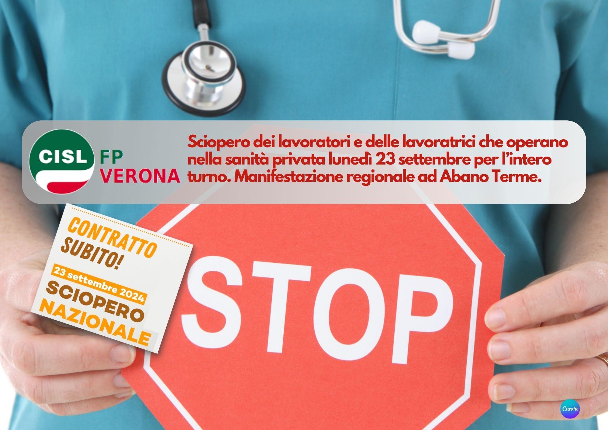 CISL FP Verona. Lunedì 23 settembre sciopero dei lavoratori e delle lavoratrici della sanità privata