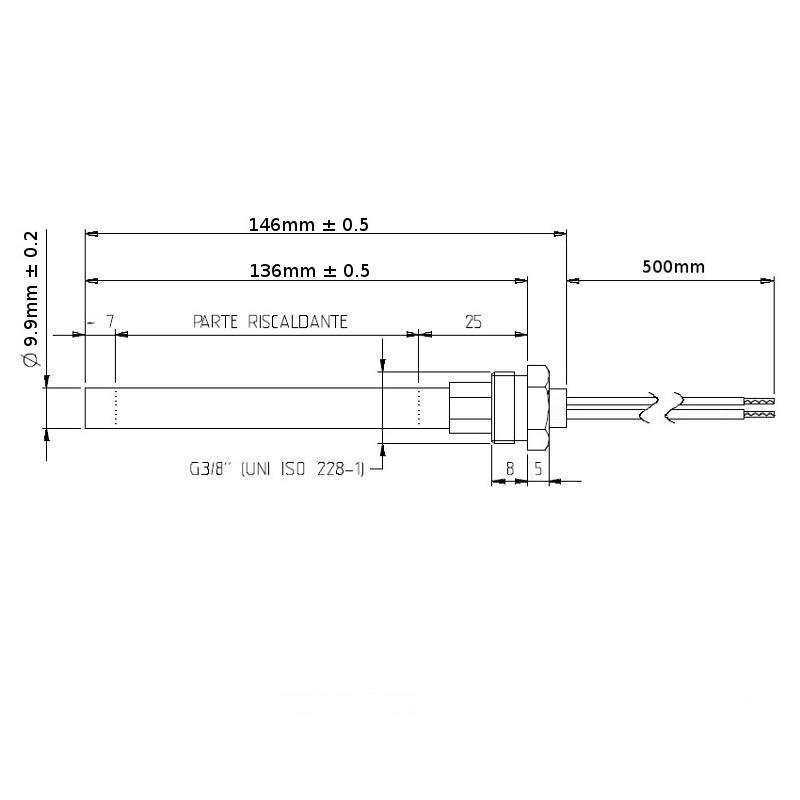 14702001L Resistenza accensione per stufe a pellet, con raccordo 3/8" GAS totale: 146 mm.250 W