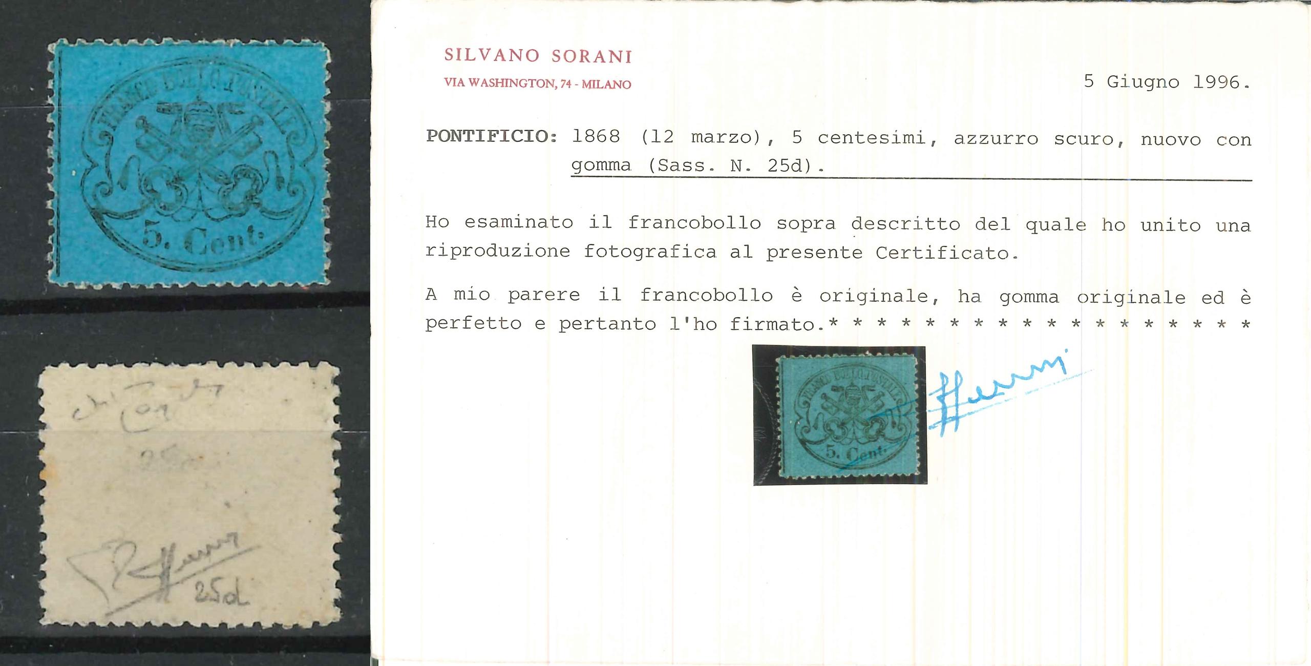 ASI STATO PONTIFICIO -1868 TL (Catalogo Sassone n.° 25 d azzurro scuro)