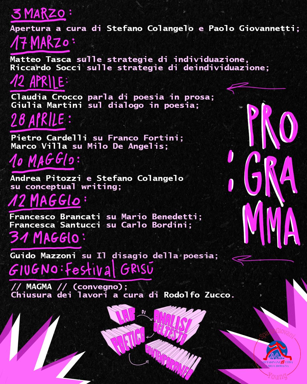 Locandina con il programma del laboratorio di Analisi del testo poetico contemporaneo