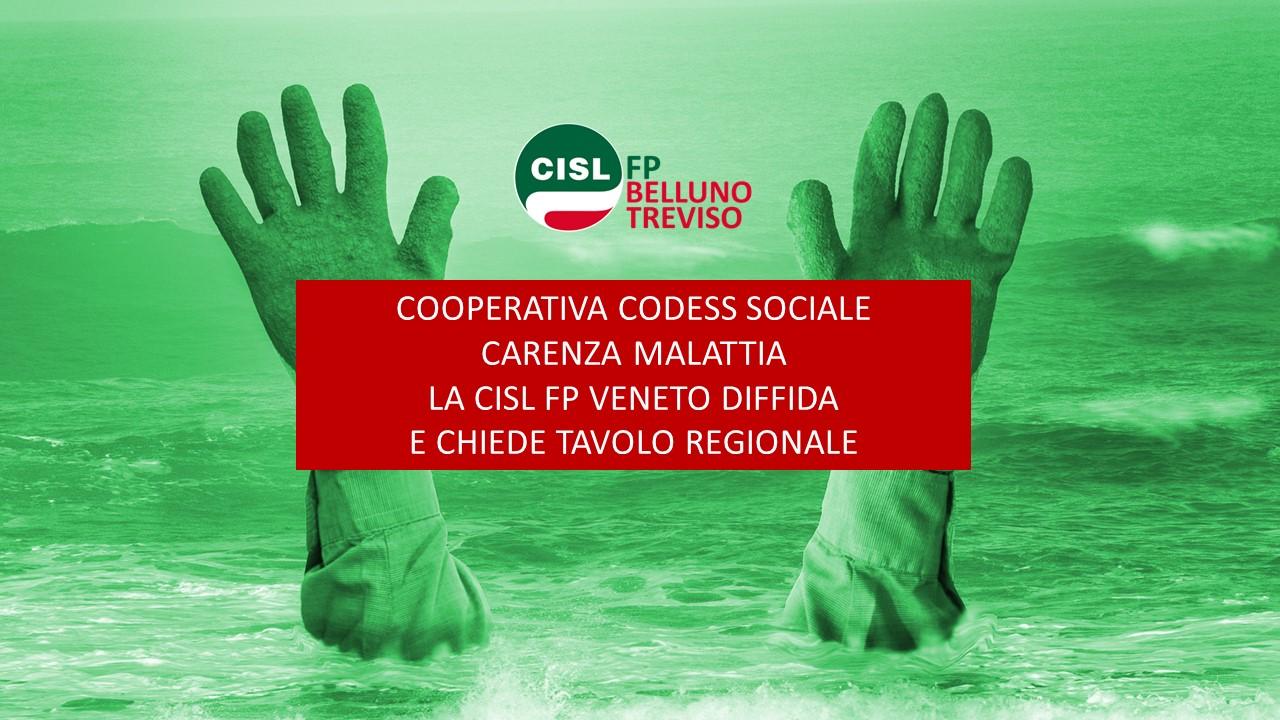 Cisl FP Belluno Treviso. Terzo Settore: carenza malattia Codess Sociale. Diffida a procedere e urgente tavolo regionale