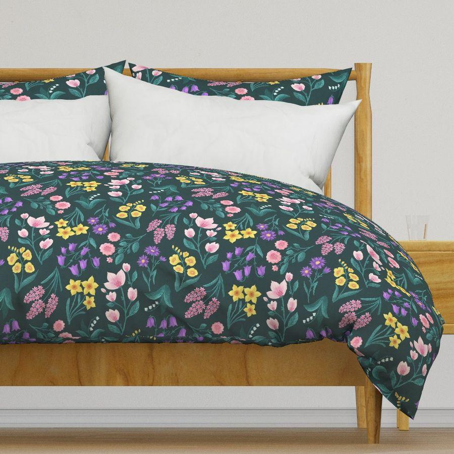 duvet cover: spring flower dark green background