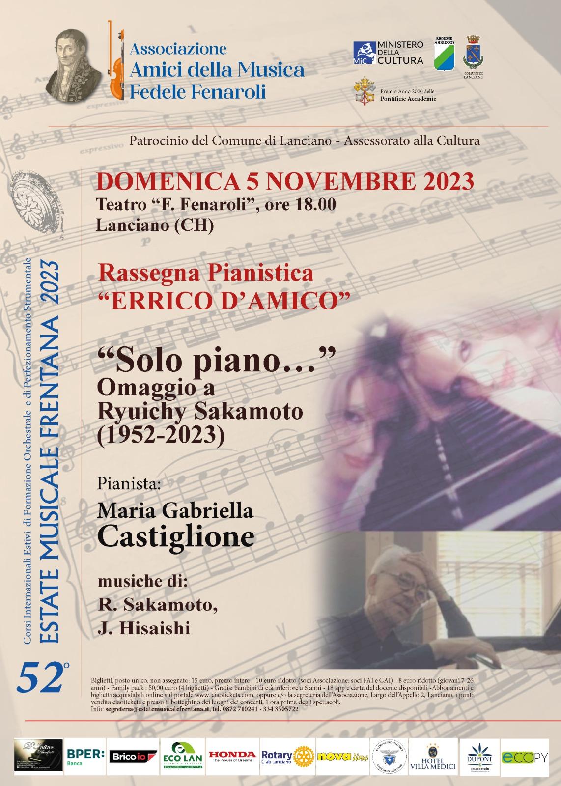 Rassegna “Errico D’Amico”, le musiche di Sakamoto sul palco del “Fenaroli” con la pianista Castiglione