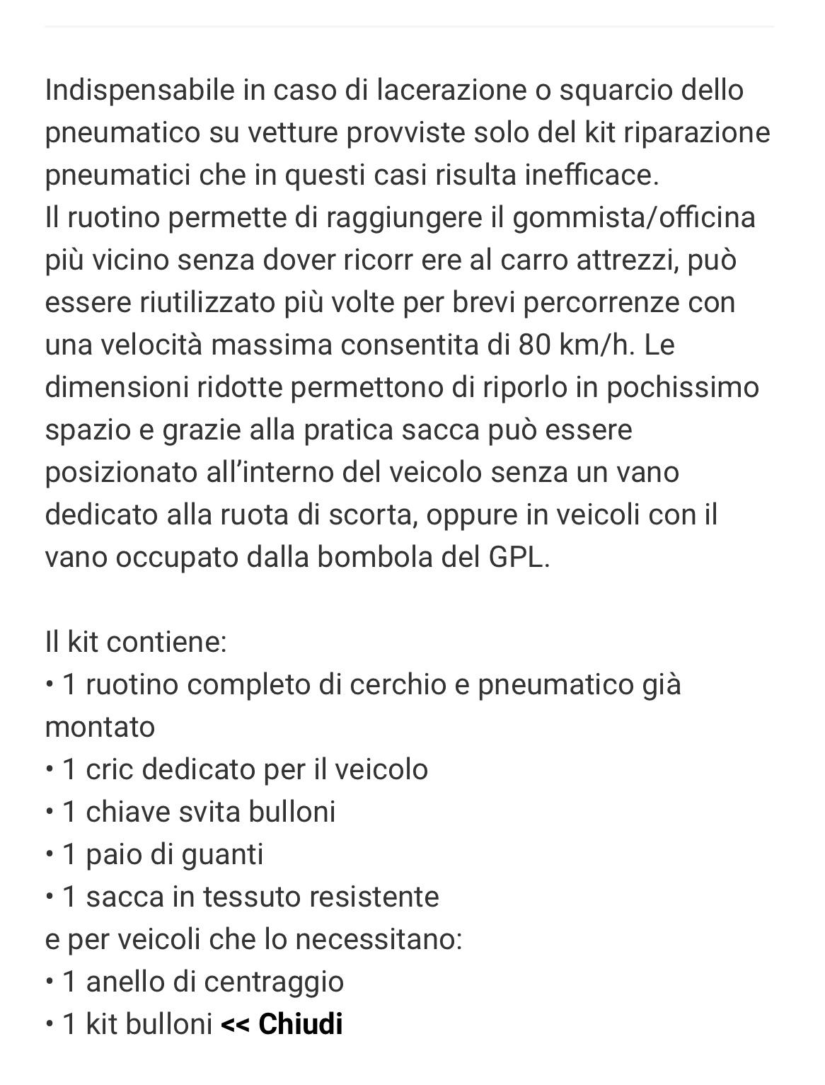 Kit ruotino di scorta Acciaio - 125/80-17 (Crich/Chiave/Sacca)Fiat 500X-Croma-Jeep Renage