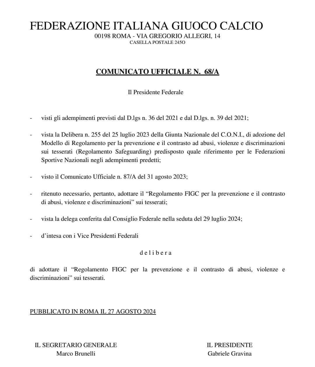 FIGC - REGOLAMENTO PER LA PREVENZIONE E IL CONTRASTO DI ABUSI, VIOLENZE E DISCRIMINAZIONI