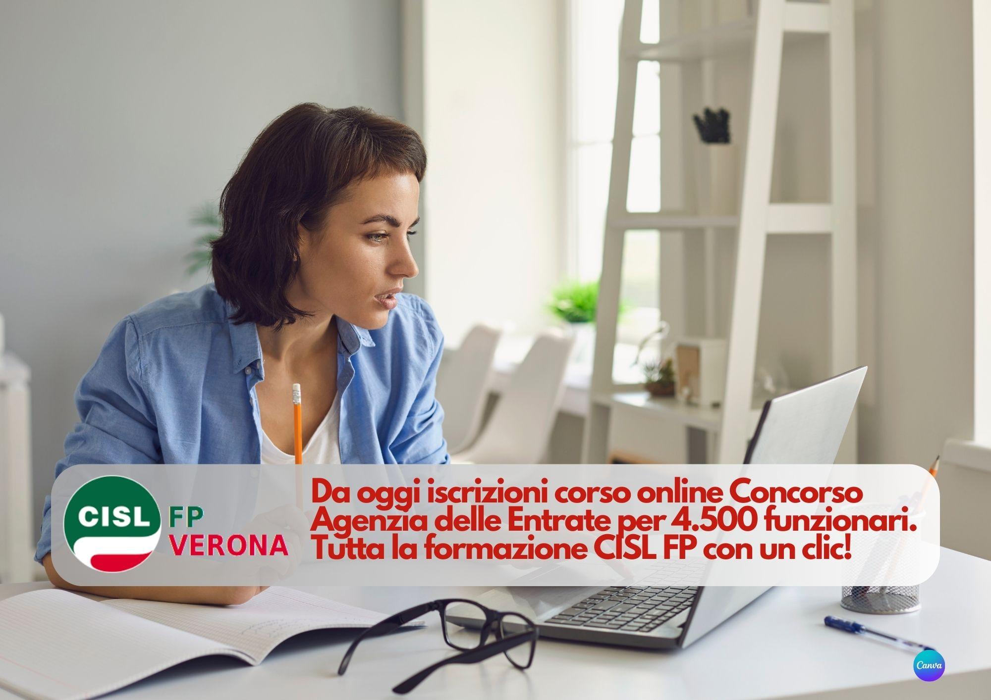 CISL FP Verona. Da oggi iscrizioni corso online Concorso Agenzia delle Entrate. Tutta la formazione CISL FP