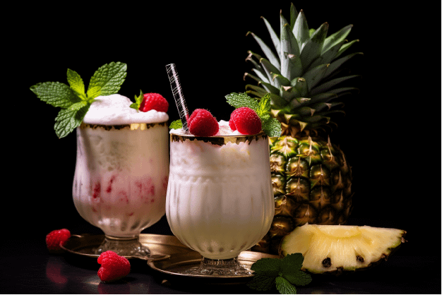 Due grandi bicchieri contenenti Pinacolada. A fianco una ananas intera