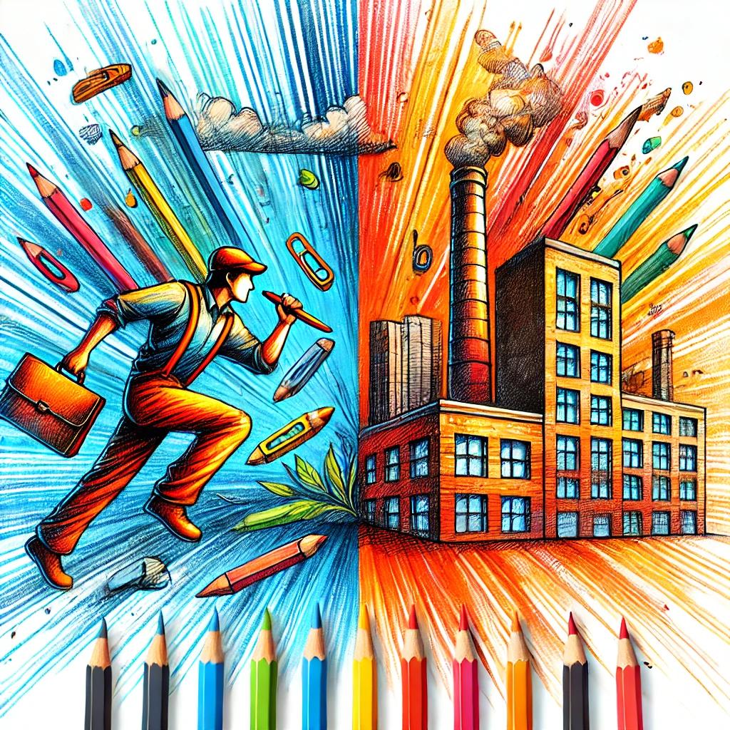 DALLE 2024-10-23 093252 - A colored pencil-style illustration representing the concept of business vs company On one side a vibrant entrepreneur or worker in action symbolwebp