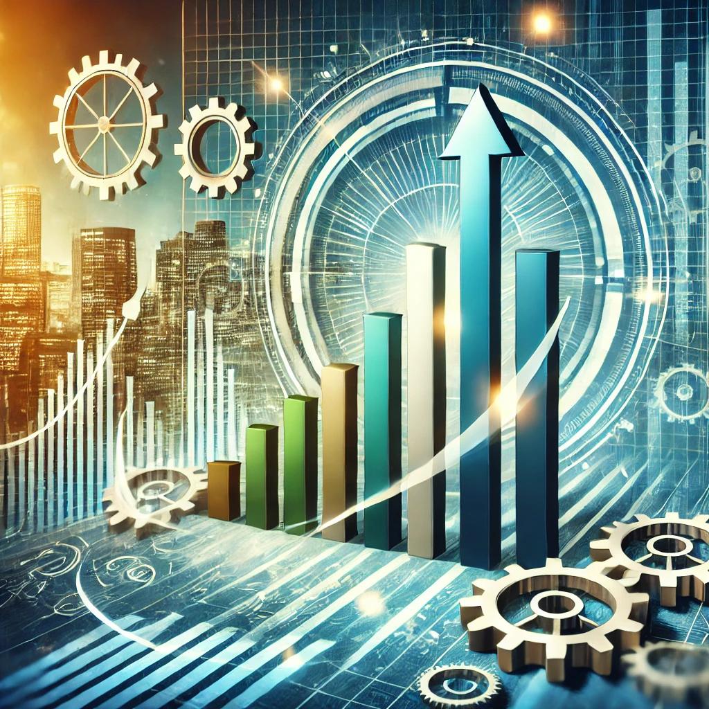 DALLE 2024-10-21 074929 - A graphic representation of business success The image includes a rising graph with bold upward arrows and bars symbolizing growth and profitabilitywebp