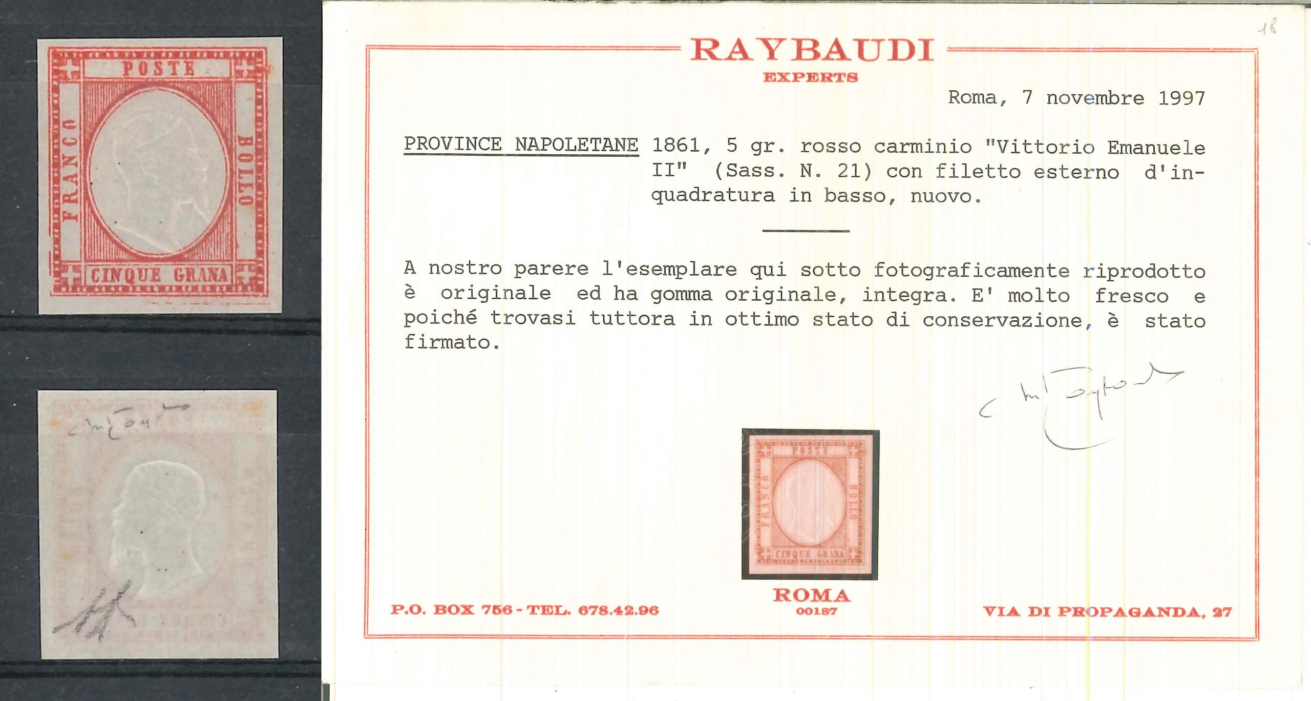 ASI PROVINCE NAPOLETANE -1861 ** (Catalogo Sassone n.° 21 rosso carminio + filetto inquadratura)