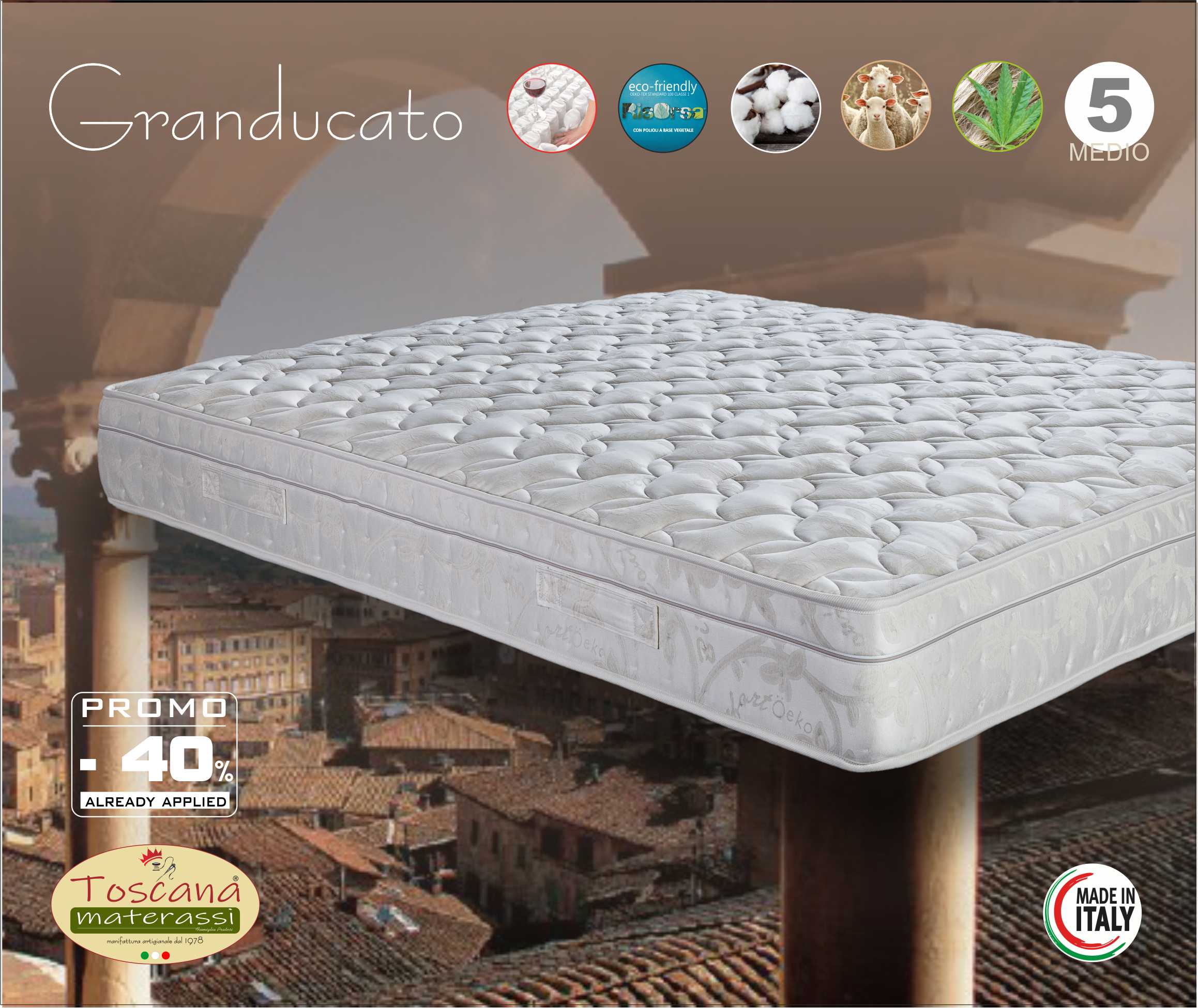 GRANDUCATO mattress h. 24 - independent springs 1600 - merino wool and cotton, amovibles et lavable