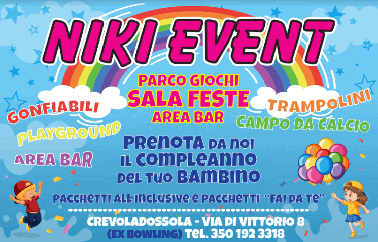 ludoteca niki event crevoladossola verbano cusio ossola gonfiabili parco area giochi bambini compleanno festa tappeto elastico vasca palline