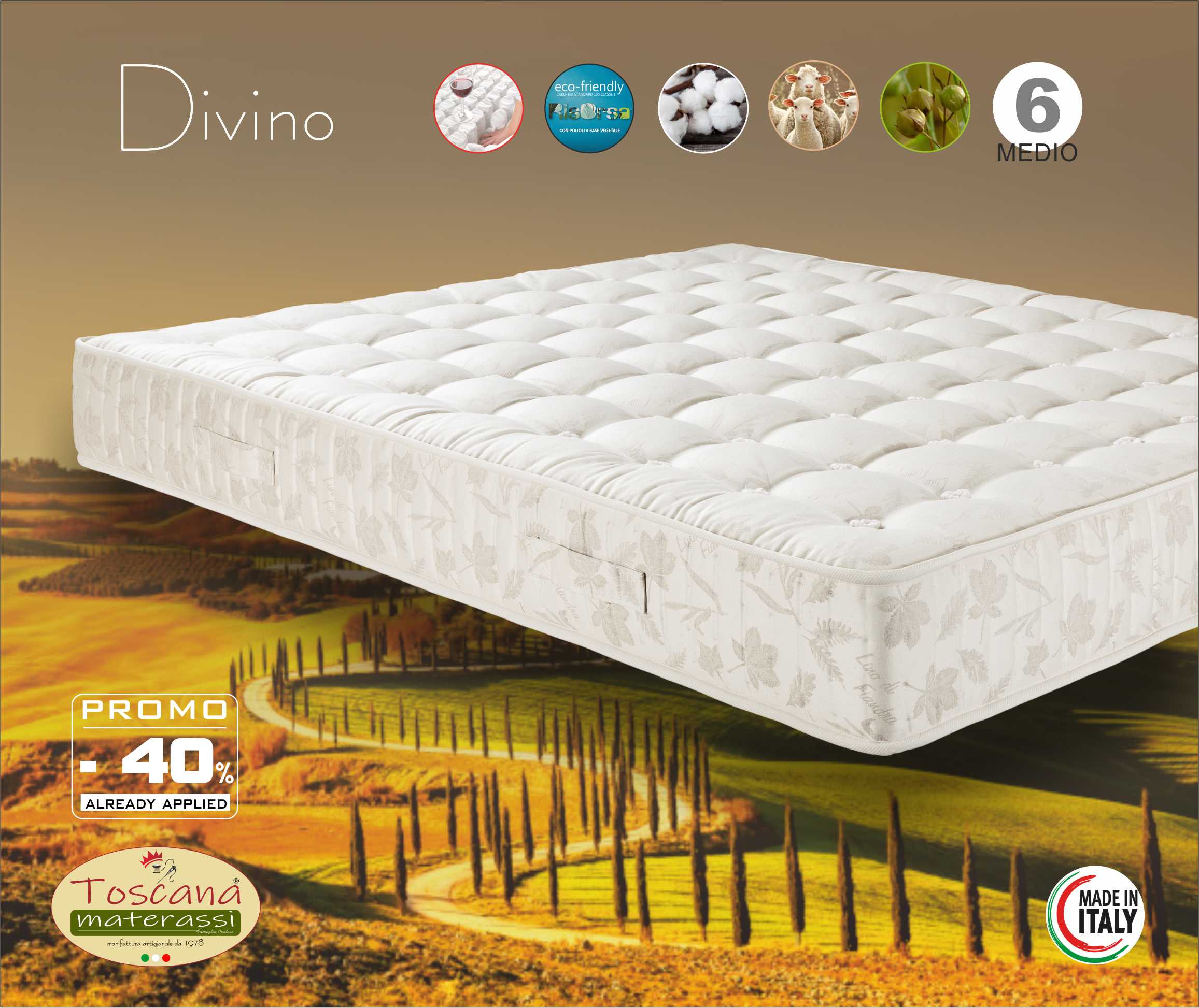 DIVINO mattress h. 25 - independent springs 1600 - with merino wool and cotton