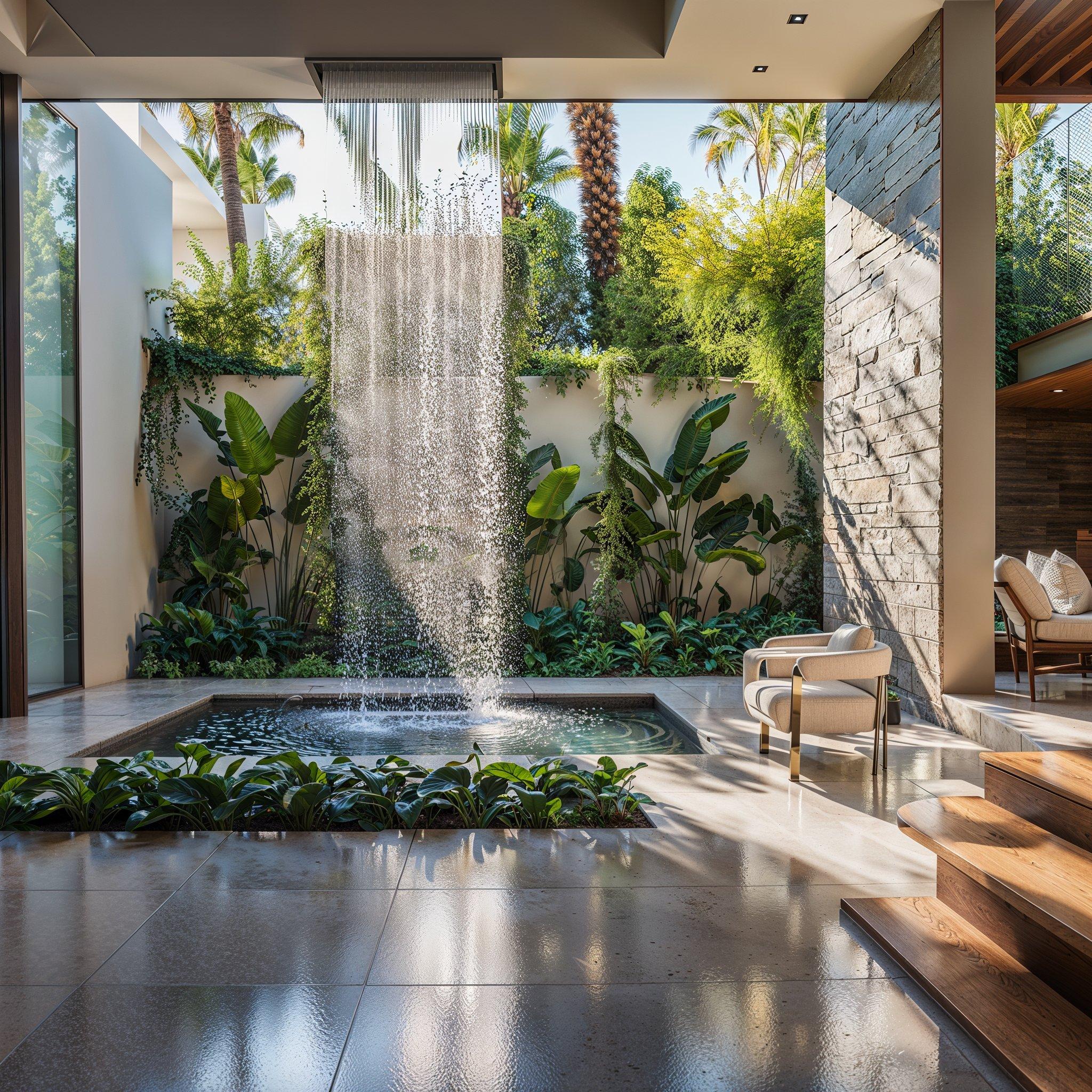 Design biofilico innovativo con cascata e giardino verticale in uno spazio abitativo moderno di Stefano Bocci, riflettendo l'architettura sostenibile e l'eleganza dell'interior design