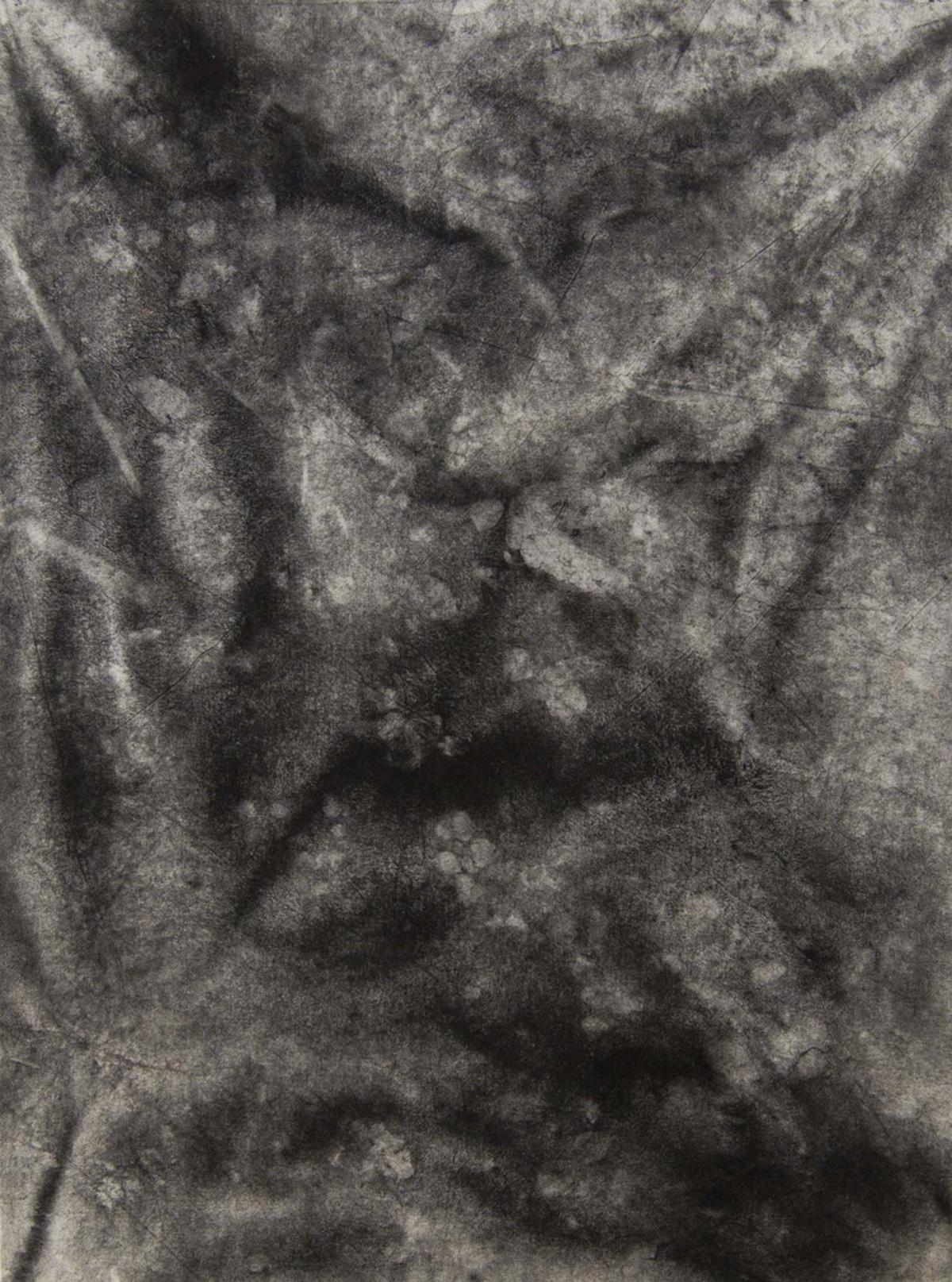 Imprint moulds created with the falling rain, carbon and ivory black pigments on cotton fabric