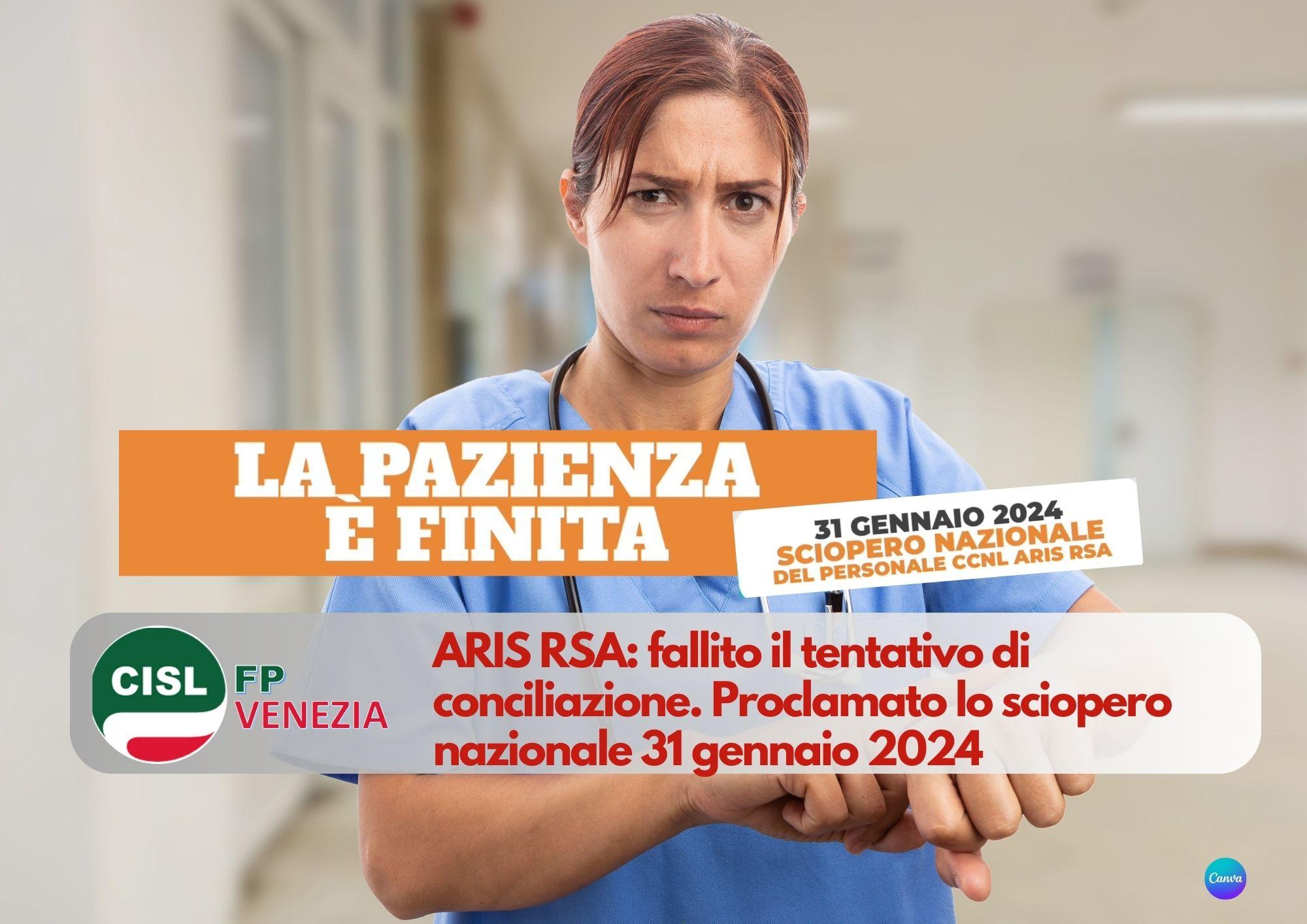 CISL FP Venezia. ARIS RSA: fallito il tentativo di conciliazione. Proclamato lo sciopero nazionale 31 gennaio 2024