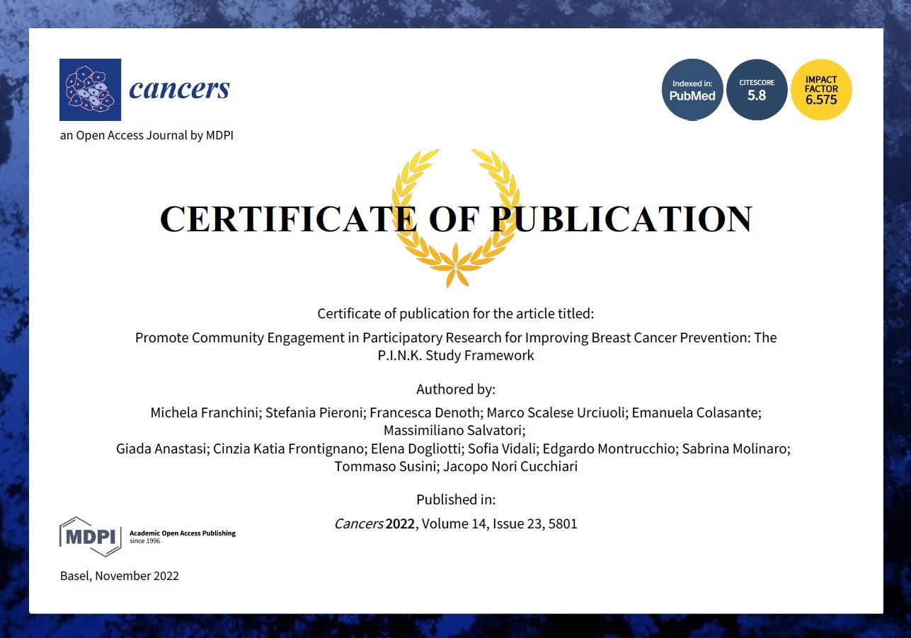 certificate of publication on Cancers studio PINK