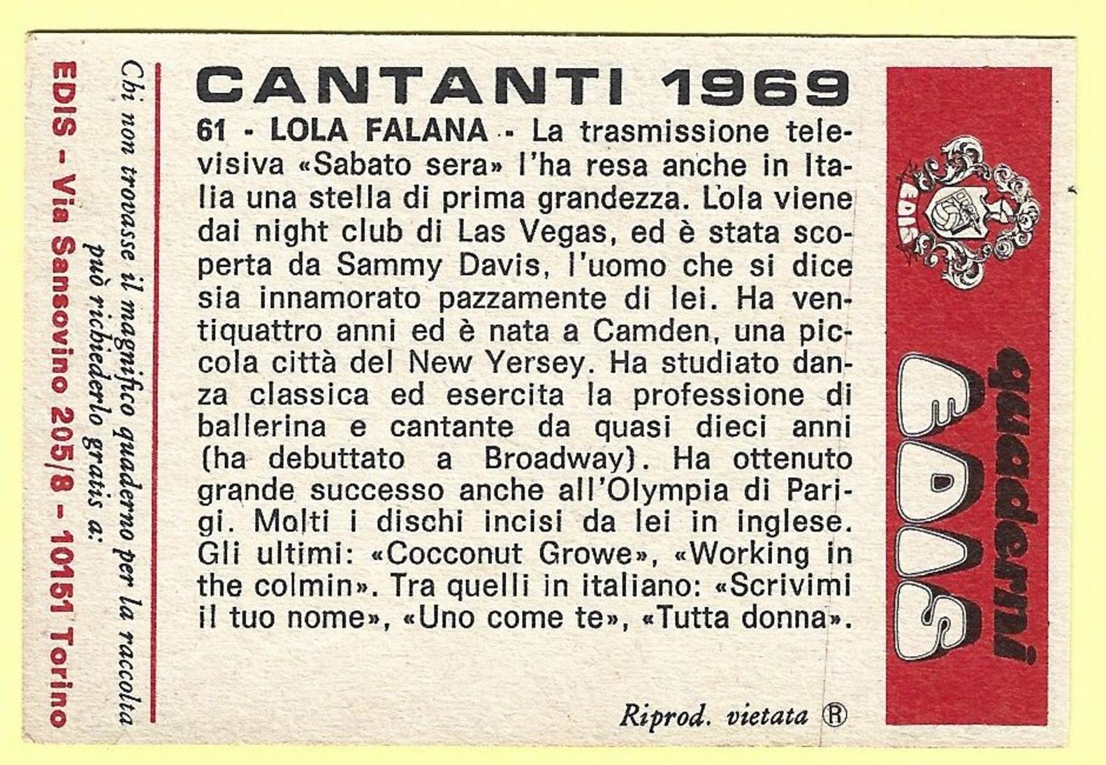 041> Figurina EDIS < LOLA FALANA > Collezione "Cantanti 1969" / N° 61