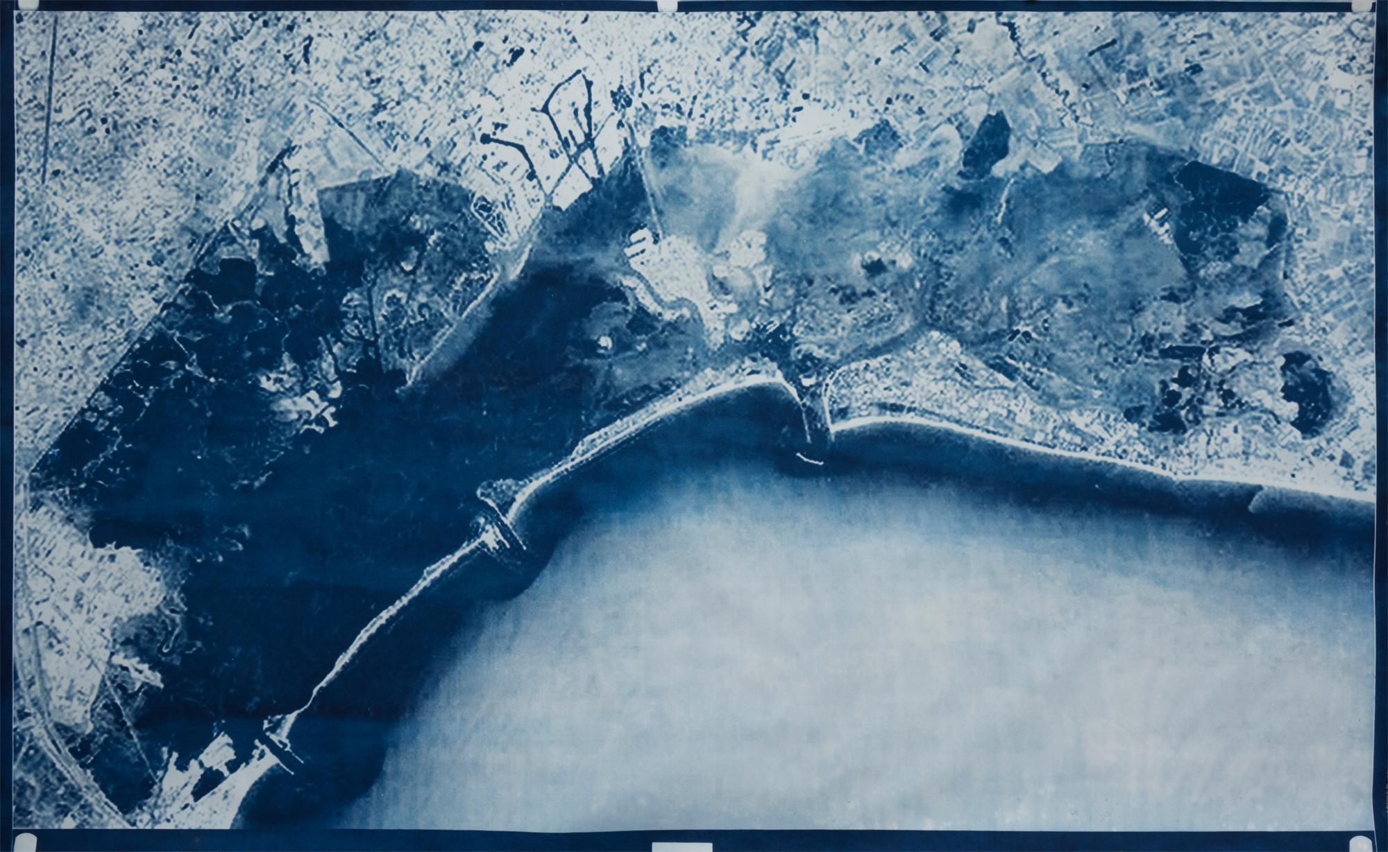 Blueprint on 50% Fabriano cotton paper of elaborated satellite photo of the Venice Lagoon